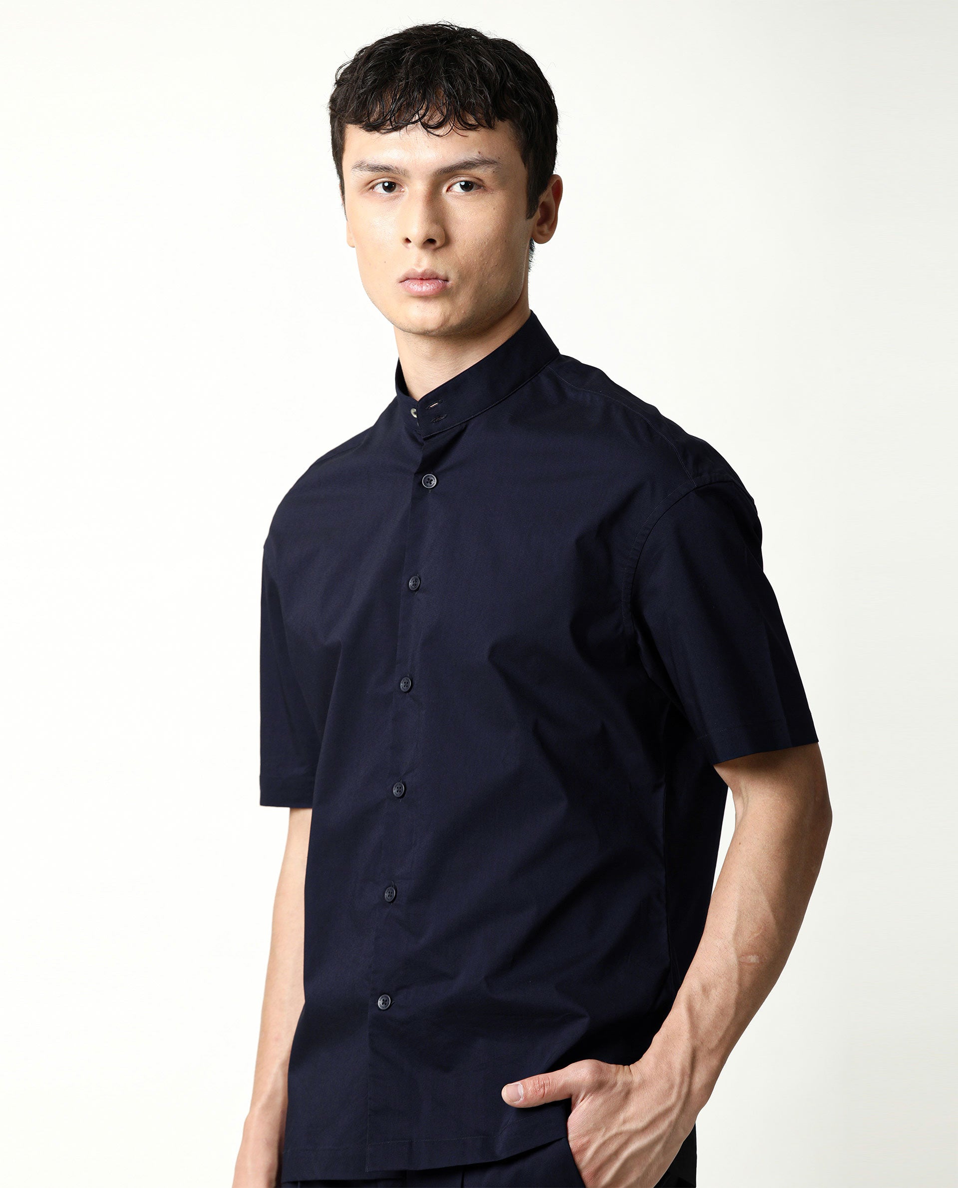 Rare Rabbit Men's Shiro Navy Poplin High Neck Mandarin Collar Half Sleeves Solid Shirt