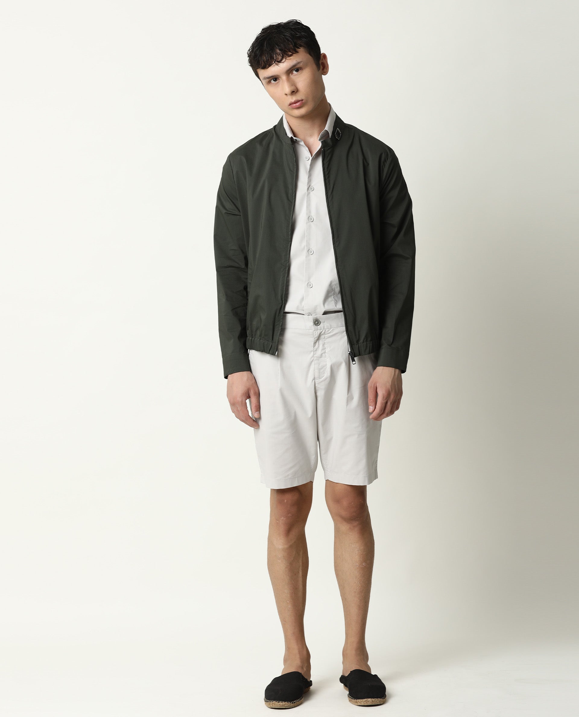 Rare Rabbit Men's Saka Olive Plain Mandarin Collar Jacket