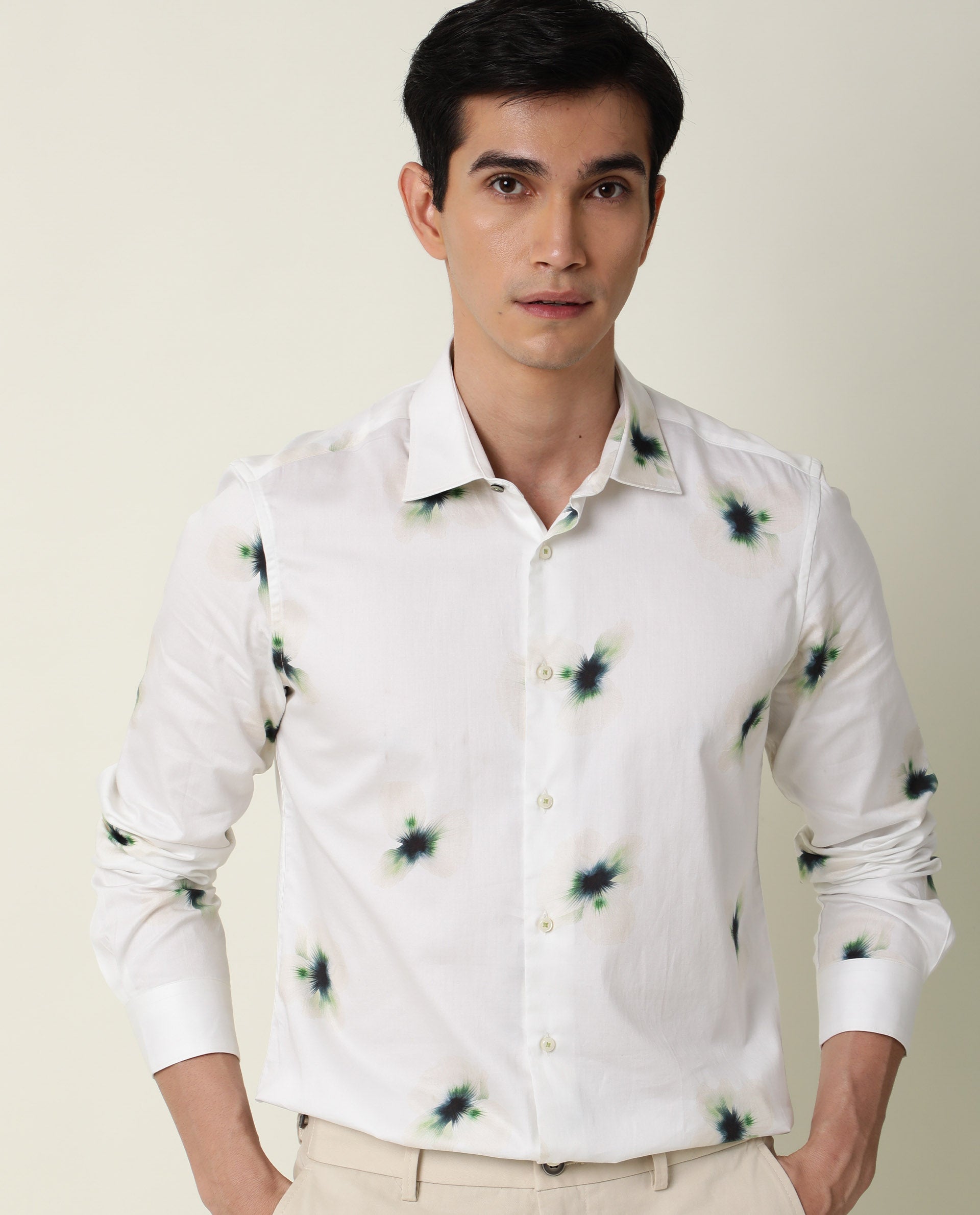 Rare Rabbit Men's Laccoss Off White Cotton Fabric Floral Print Full Sleeves Shirt