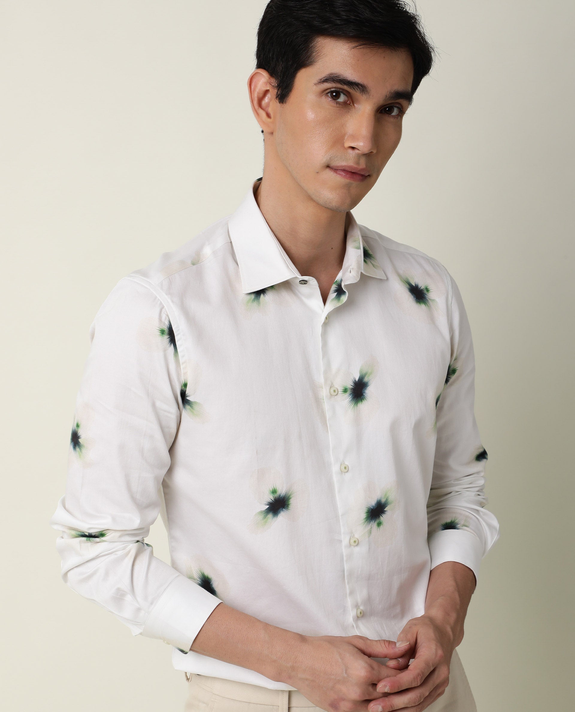 Rare Rabbit Men's Laccoss Off White Cotton Fabric Floral Print Full Sleeves Shirt