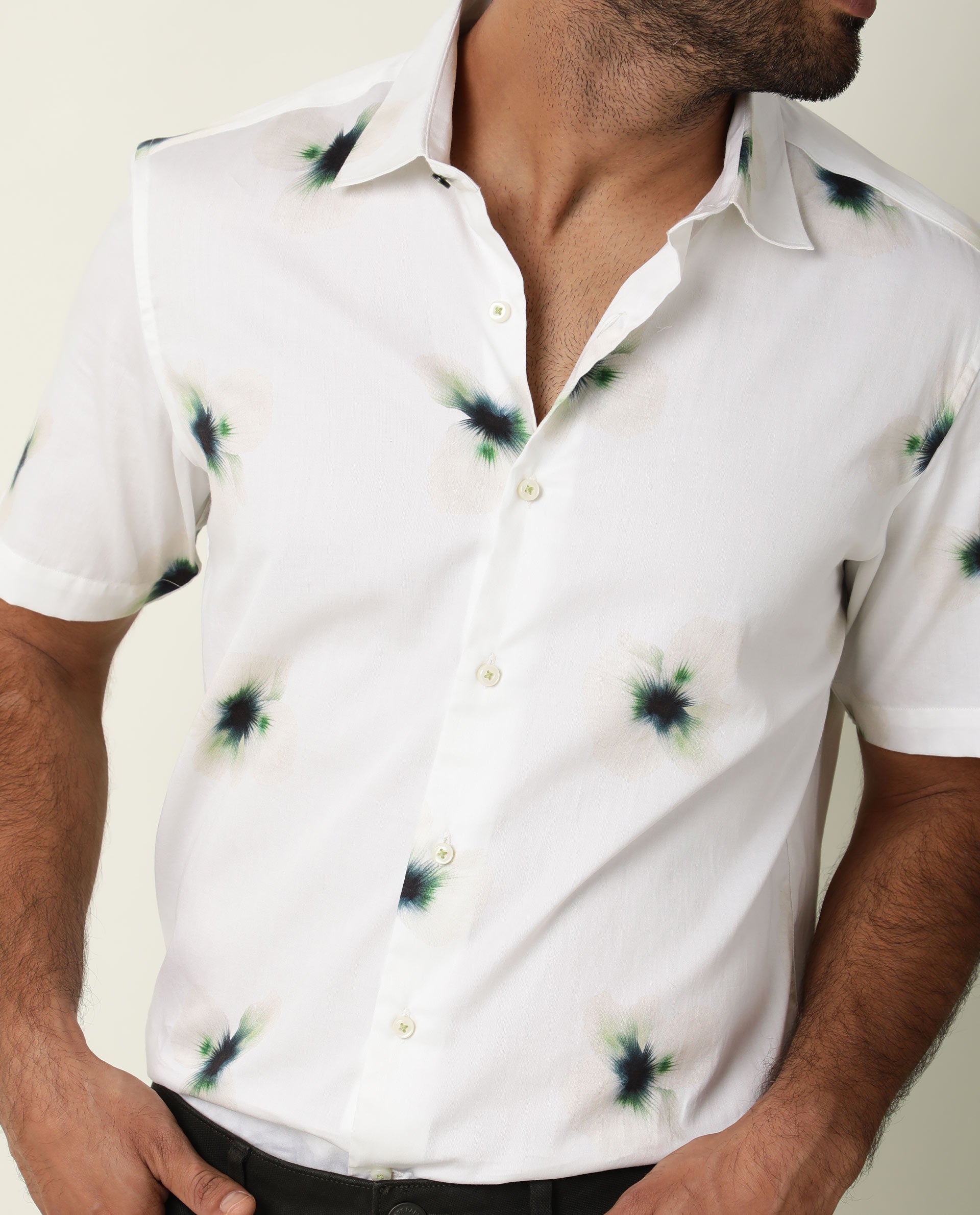 Rare Rabbit Men's Lara Off White Cotton Fabric Floral Print Half Sleeves Shirt