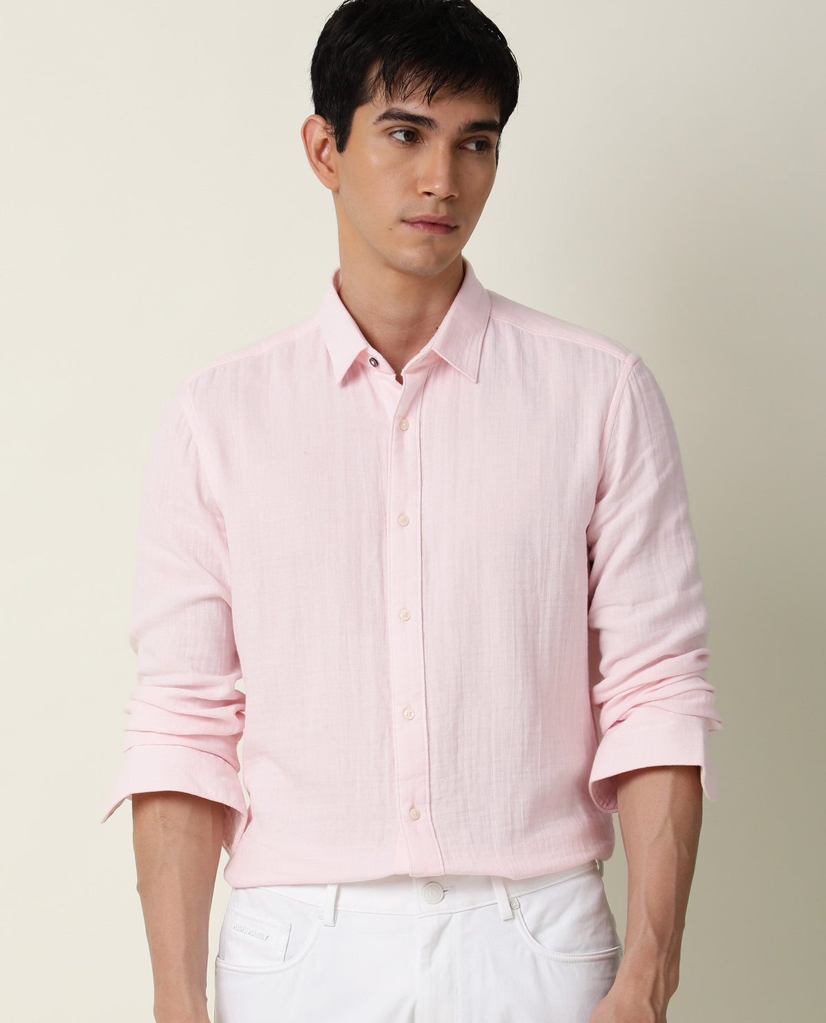 Rare Rabbit Men's Layers Light Pink Cotton Double Layer Seer Sucker Fabric Full Sleeves Solid Shirt