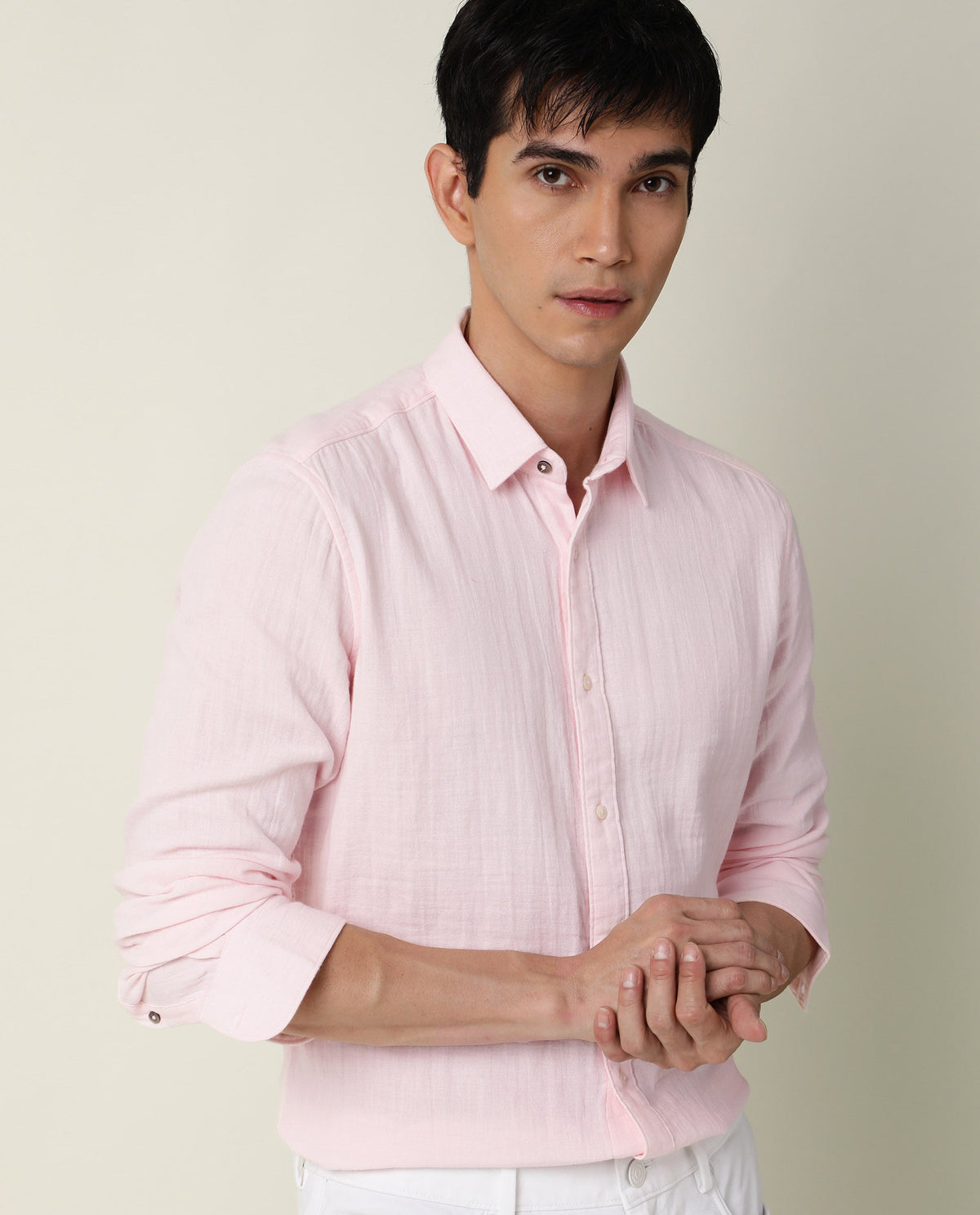 Rare Rabbit Men's Layers Light Pink Cotton Double Layer Seer Sucker Fabric Full Sleeves Solid Shirt