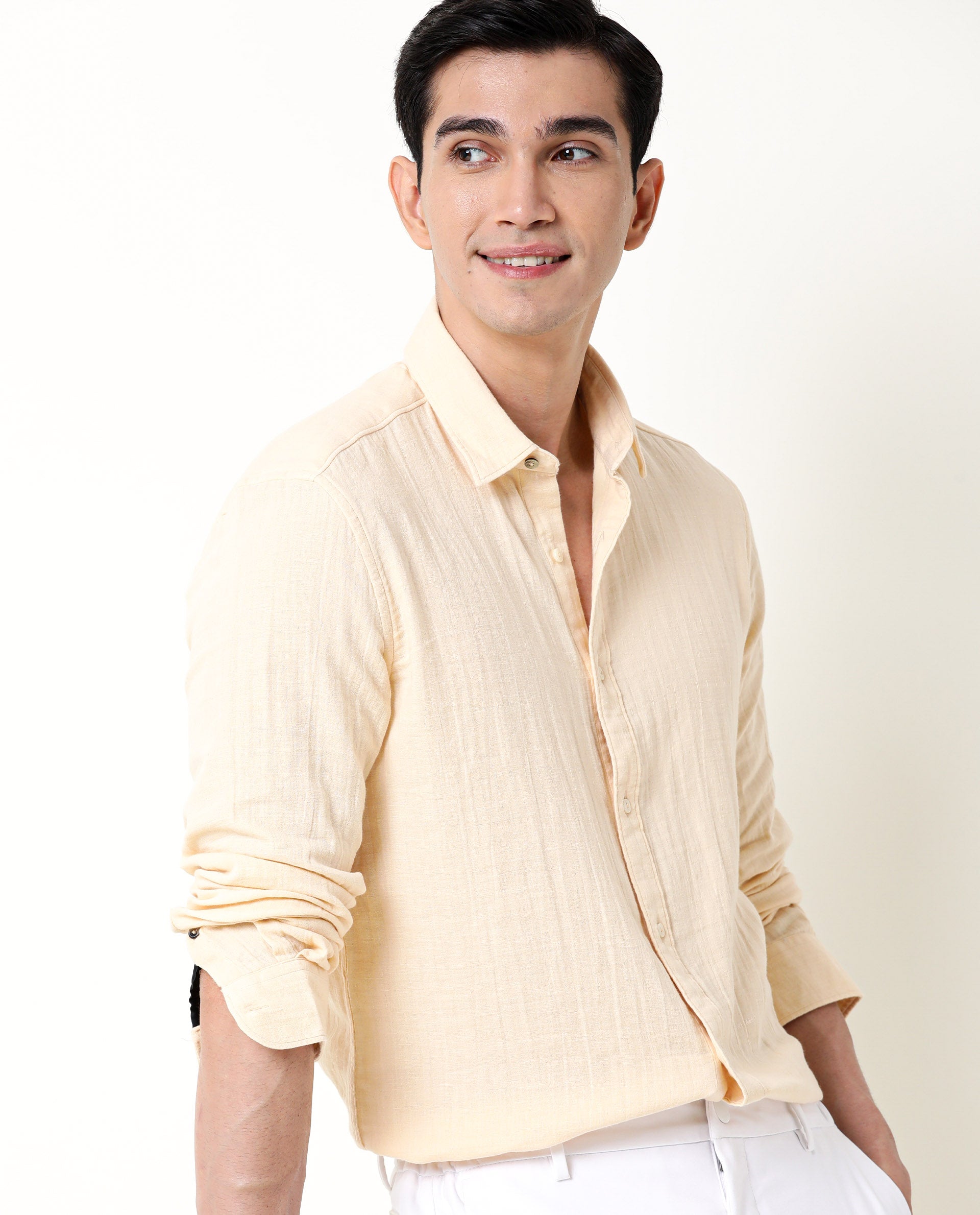 Rare Rabbit Men's Layers Beige Cotton Double Layer Seer Sucker Fabric Full Sleeves Solid Shirt