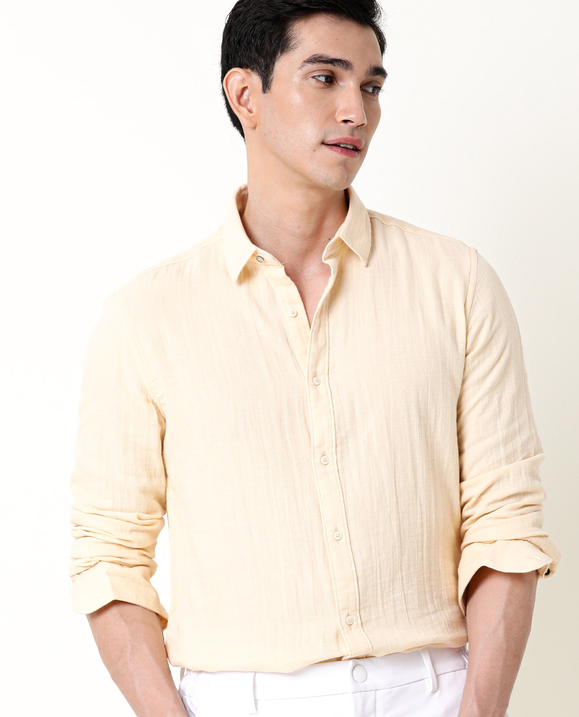 Rare Rabbit Men's Layers Beige Cotton Double Layer Seer Sucker Fabric Full Sleeves Solid Shirt