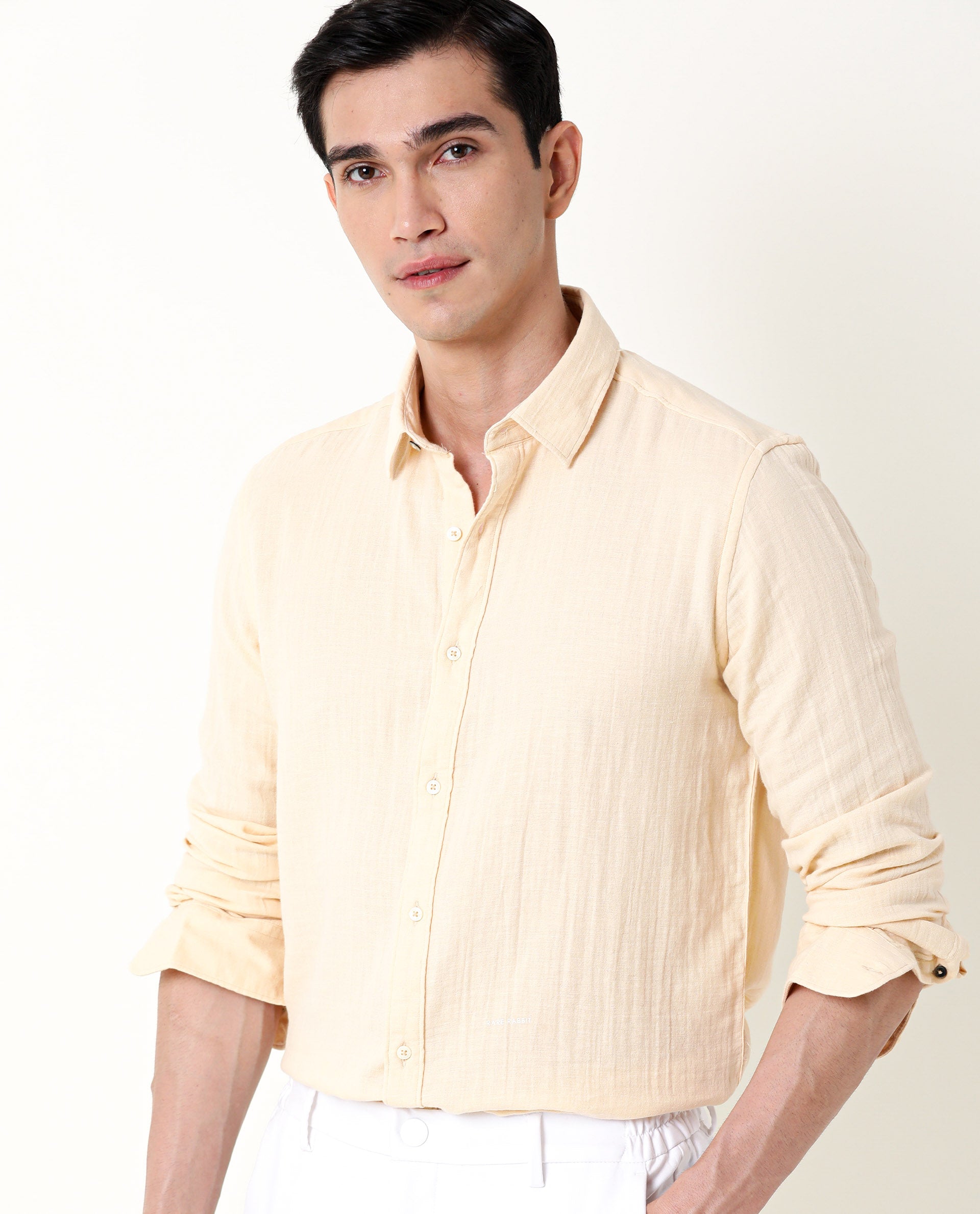 Rare Rabbit Men's Layers Beige Cotton Double Layer Seer Sucker Fabric Full Sleeves Solid Shirt