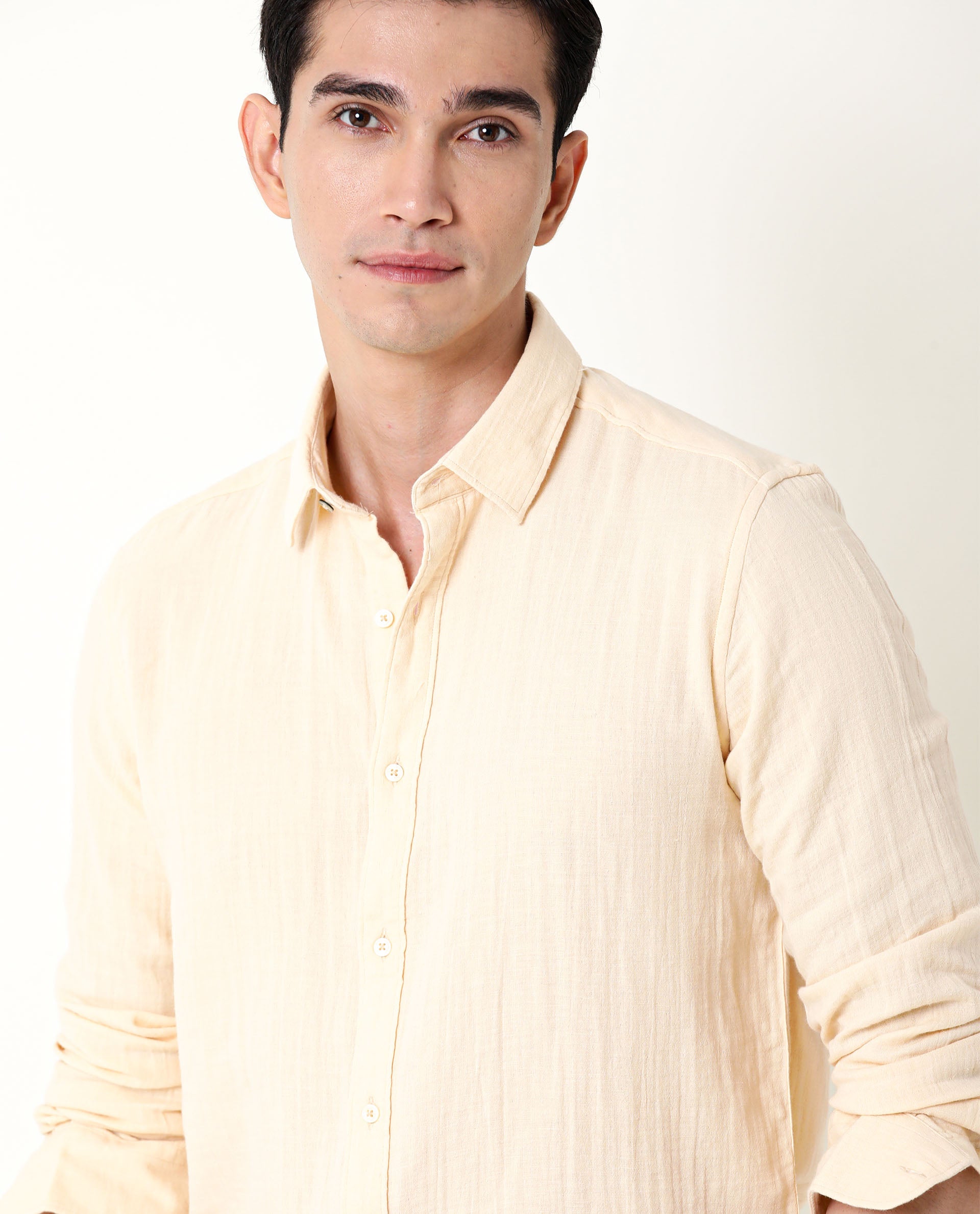 Rare Rabbit Men's Layers Beige Cotton Double Layer Seer Sucker Fabric Full Sleeves Solid Shirt