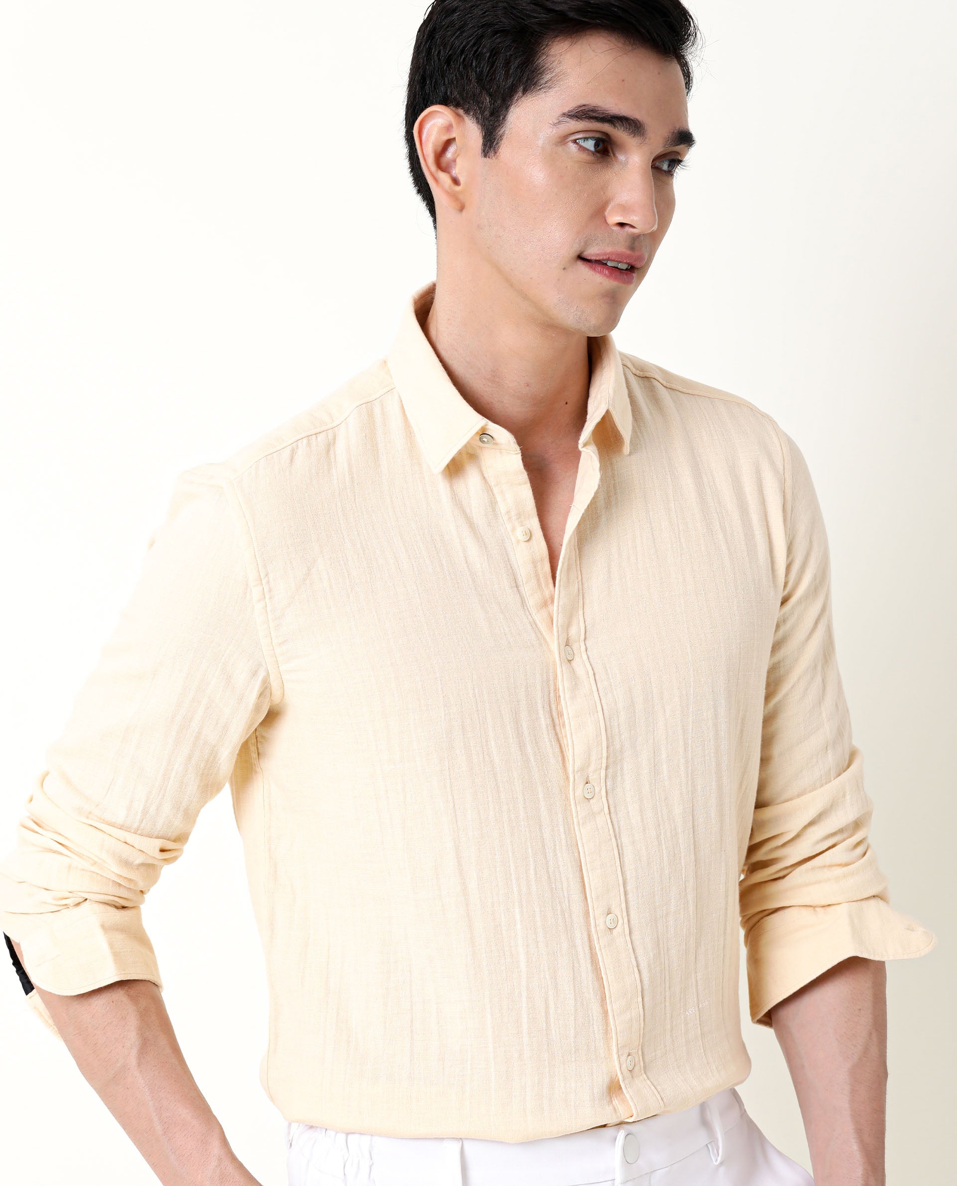 Rare Rabbit Men's Layers Beige Cotton Double Layer Seer Sucker Fabric Full Sleeves Solid Shirt