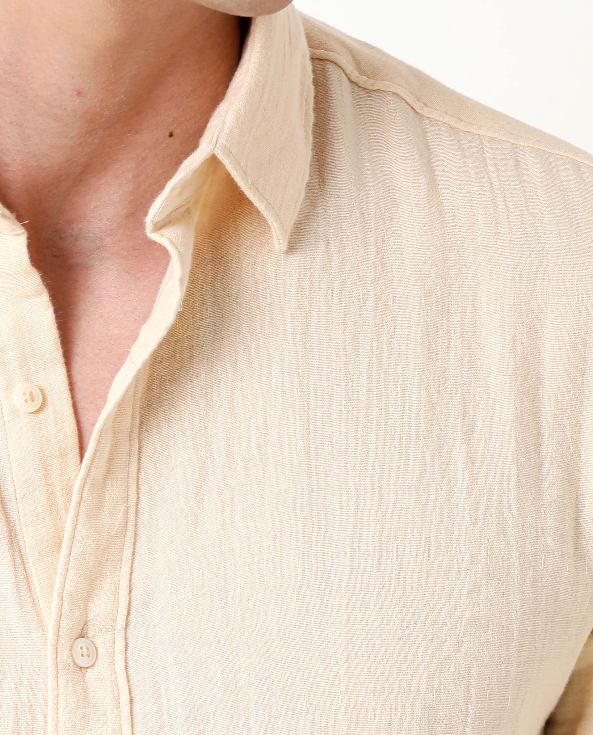 Rare Rabbit Men's Layers Beige Cotton Double Layer Seer Sucker Fabric Full Sleeves Solid Shirt