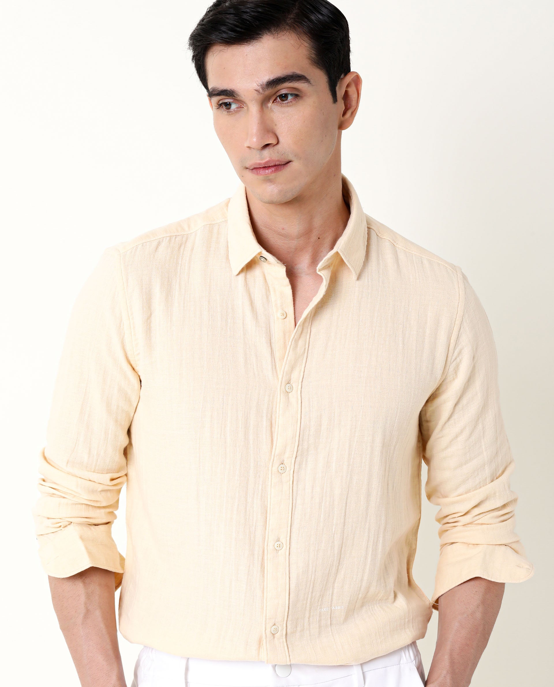 Rare Rabbit Men's Layers Beige Cotton Double Layer Seer Sucker Fabric Full Sleeves Solid Shirt