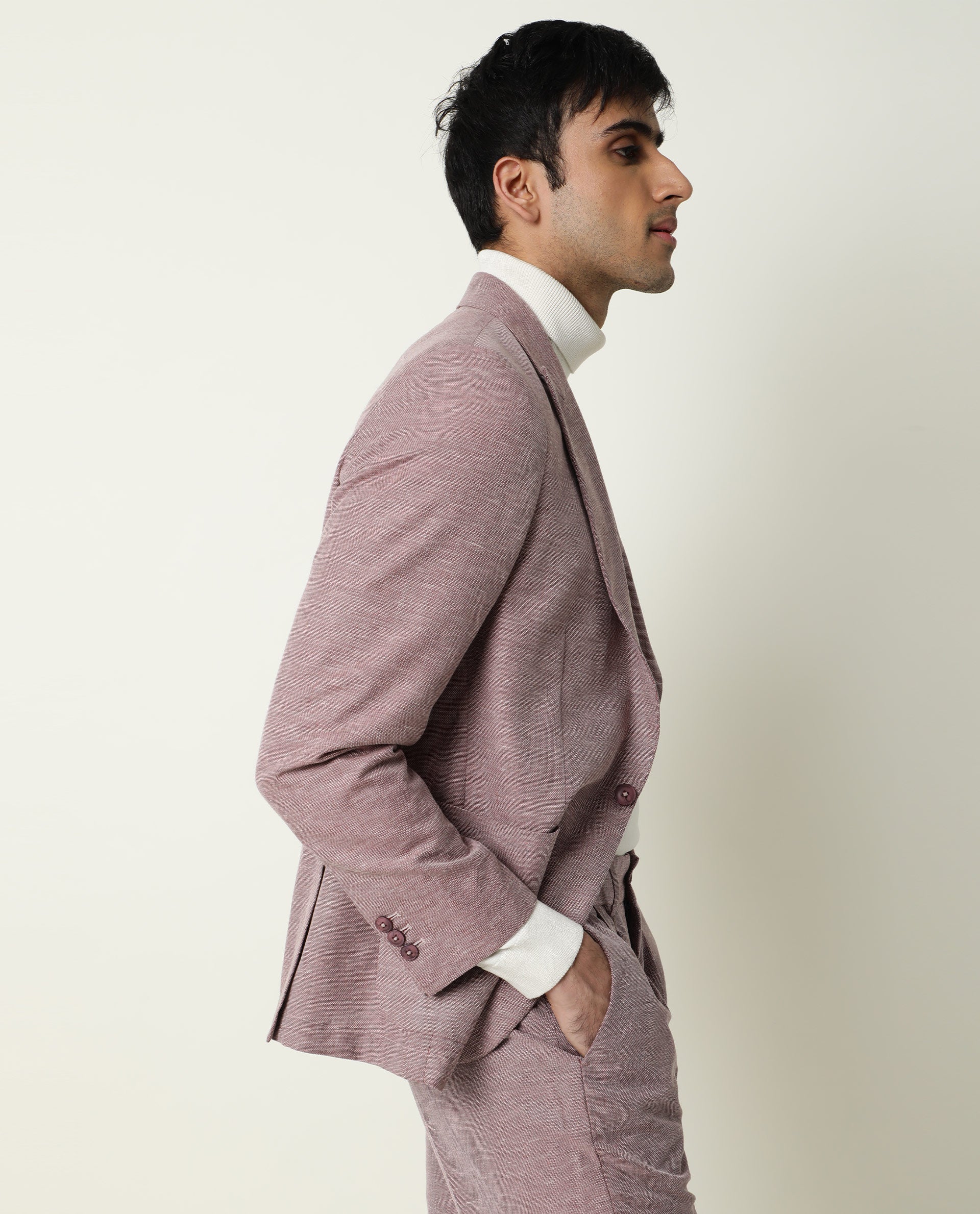 Rare Rabbit Men's Dexit Primary Maroon Polyester Viscose Fabric Peak Lapel Single Breasted Tailored Fit Textured Blazer