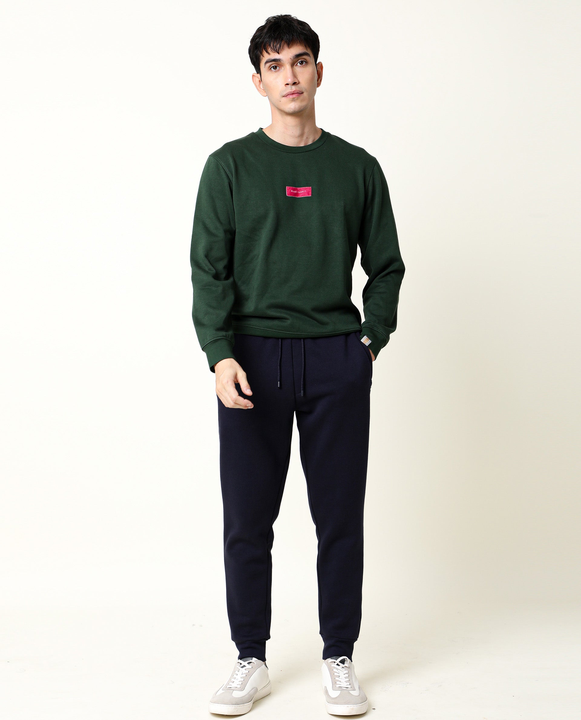 Rare Rabbit Men's Velveto Green Cotton Polyester Fabric Full Sleeves Velvet Branding Knit Sweatshirt