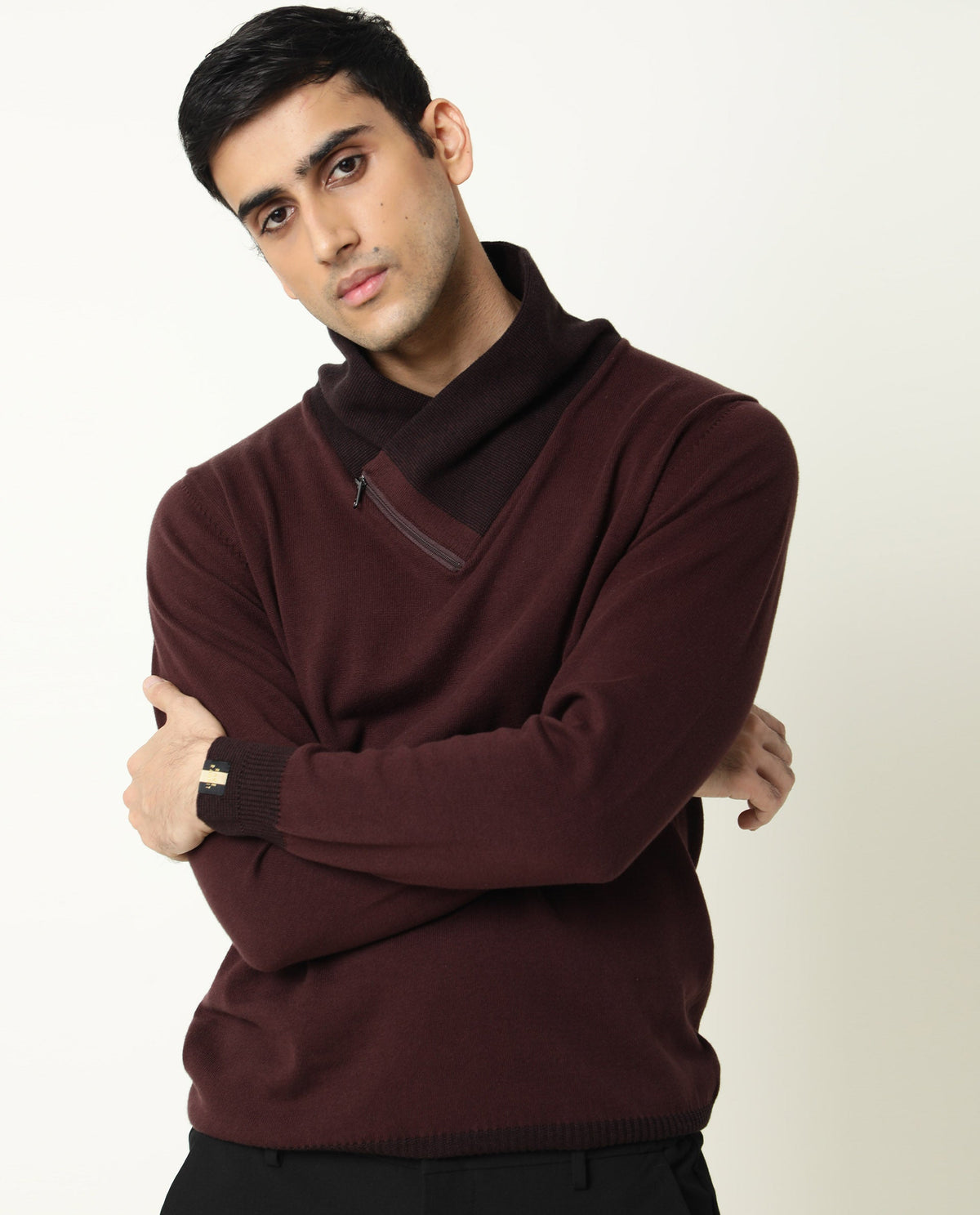 Rare Rabbit Men'S Denver Maroon Pullover Cotton Fabric Cowl Neck Full Sleeves Zipper Closure Slim Fit