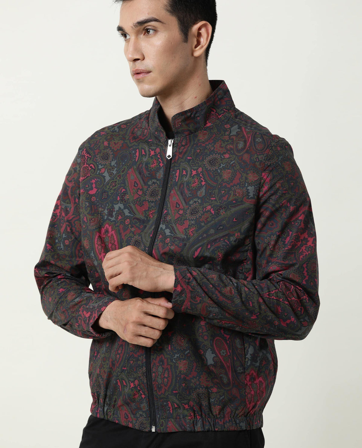 RARE RABBIT MEN'S PERSI PINK JACKET COTTON FABRIC MANDARIN COLLAR FULL SLEEVES ZIPPER CLOSURE SLIM FIT
