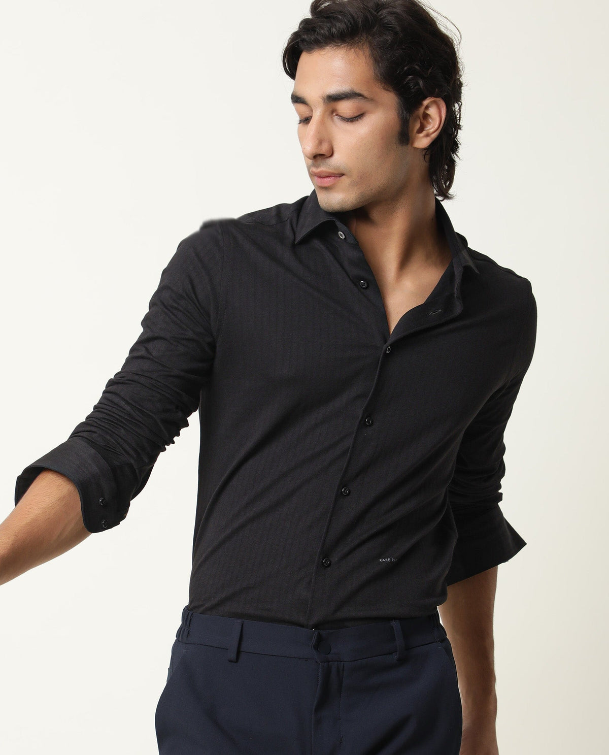 RARE RABBIT MEN'S VERTICAL BLACK SHIRT COTTON FABRIC COLLARED NECK FULL SLEEVES BUTTON CLOSURE SLIM FIT