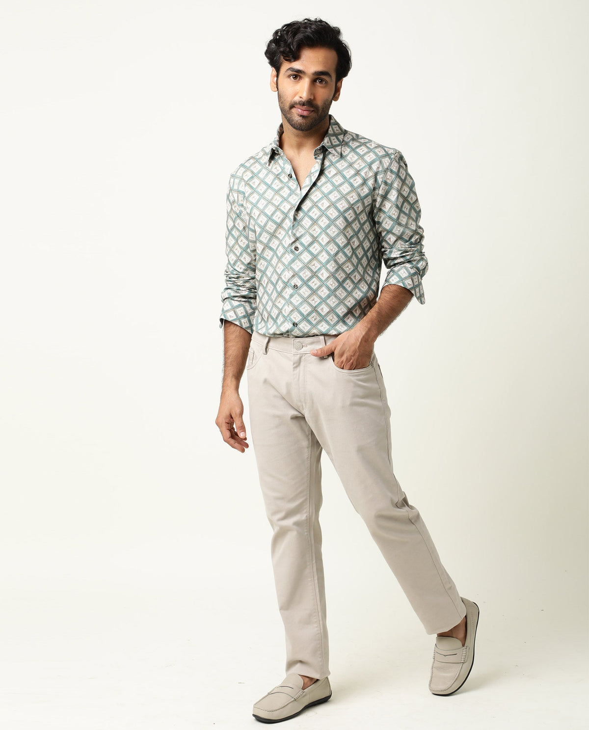 RARE RABBIT MEN'S COMPTER GREEN SHIRT VISCOSE FABRIC COLLARED NECK FULL SLEEVES BUTTON CLOSURE SLIM FIT