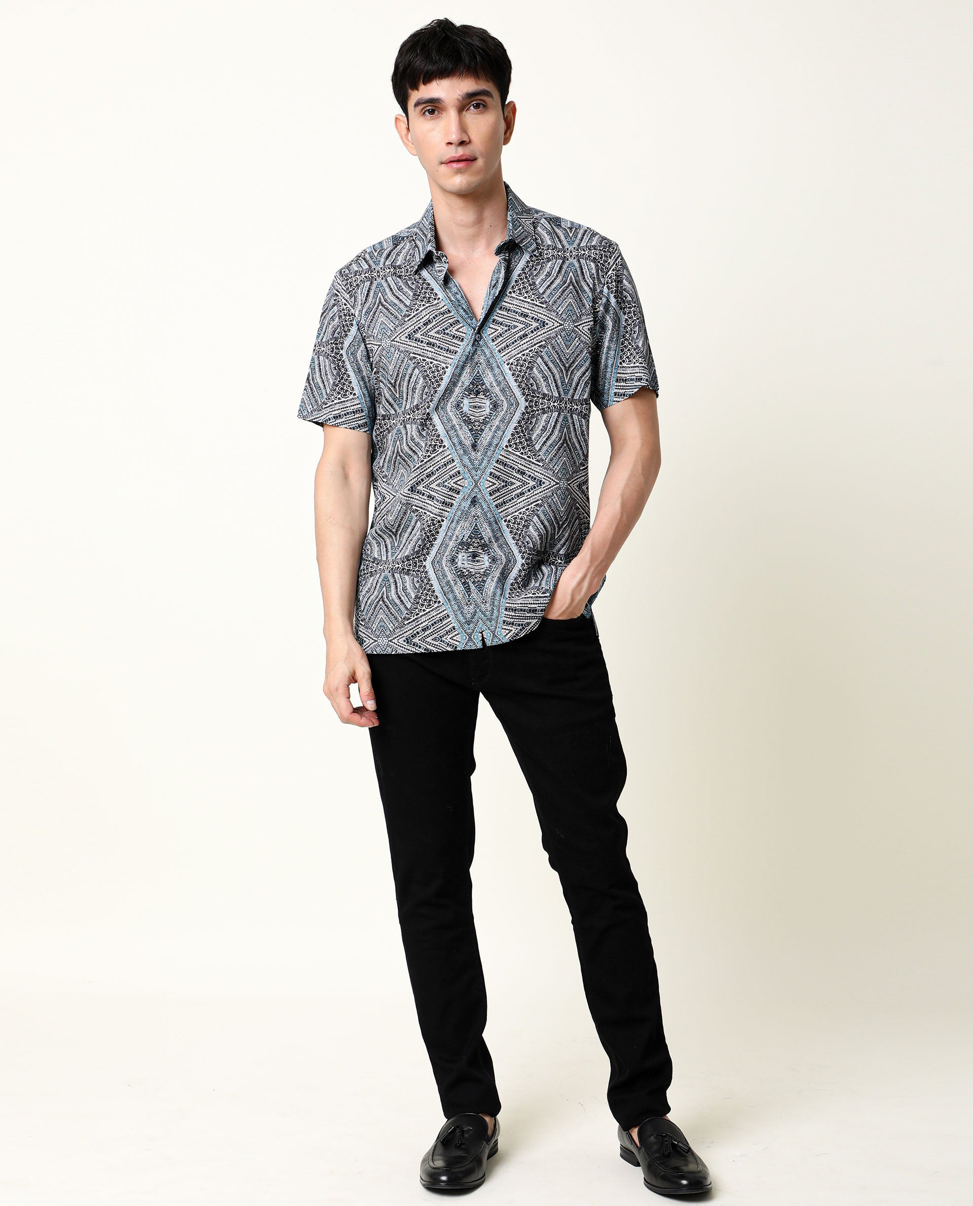 RARE RABBIT MEN'S DION BLUE SHIRT VISCOSE FABRIC COLLARED NECK HALF SLEEVES BUTTON CLOSURE SLIM FIT