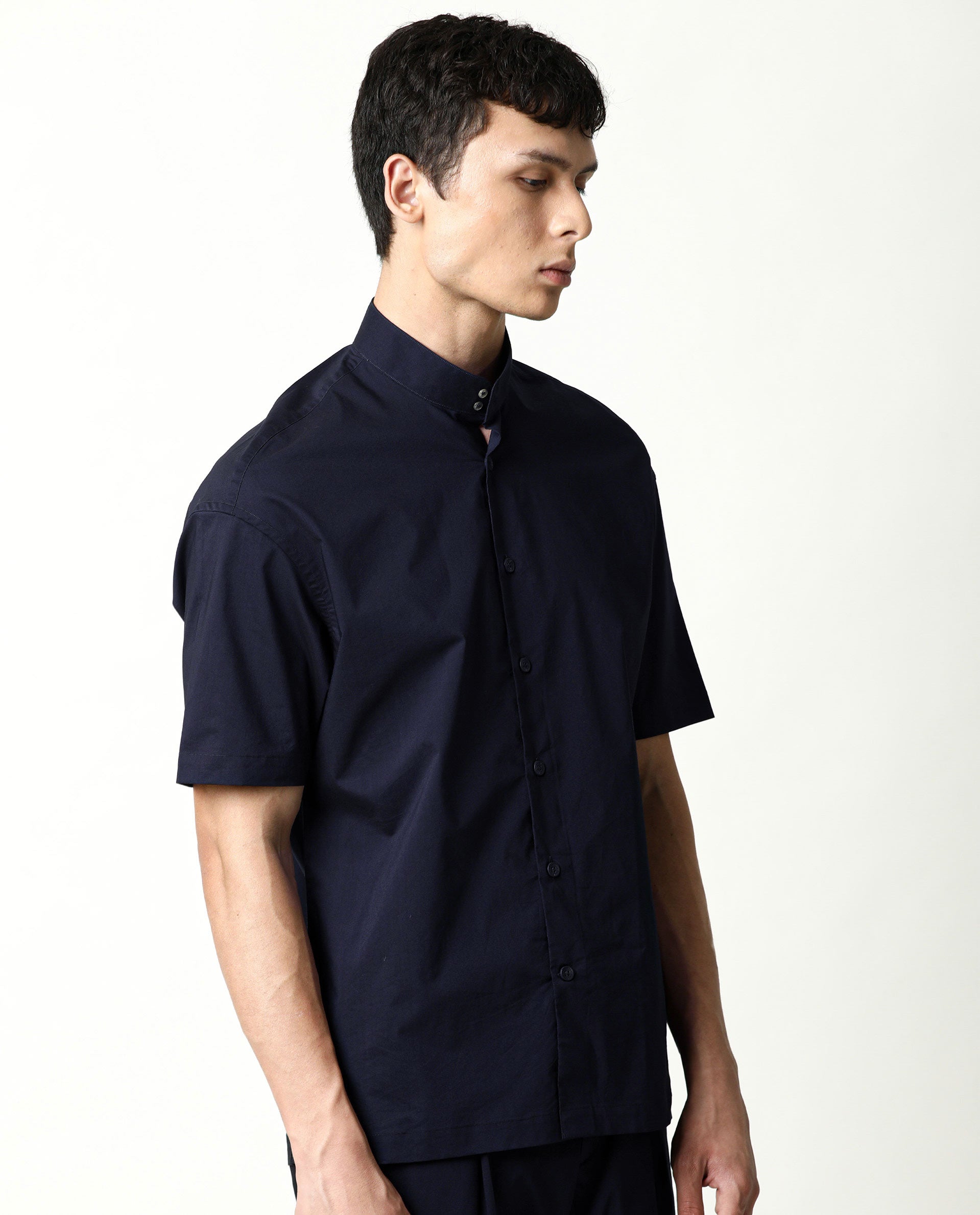 Rare Rabbit Men's Shiro Navy Poplin High Neck Mandarin Collar Half Sleeves Solid Shirt