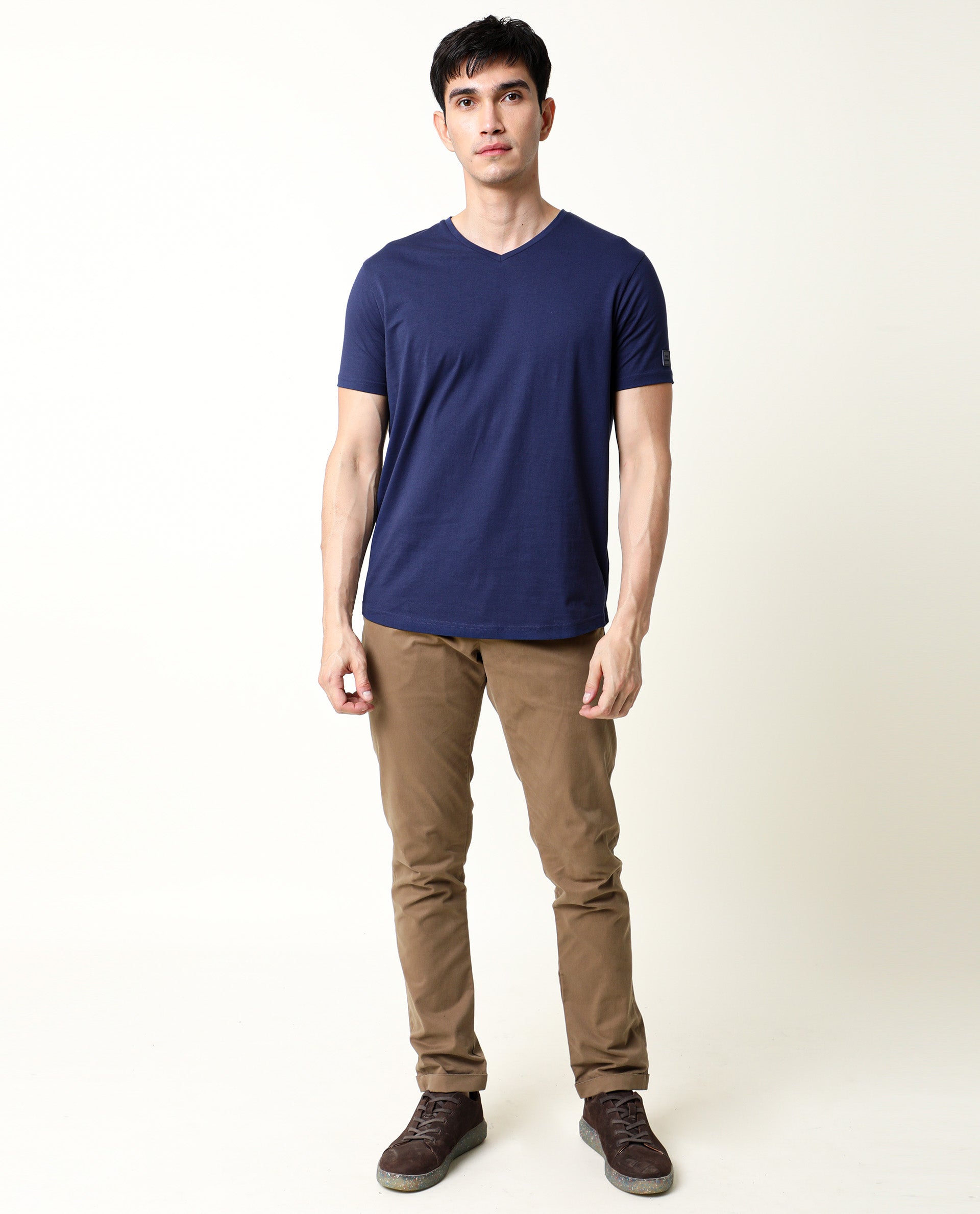 Rare Rabbit Men's Entre-2 Navy Cotton Fabric V-Neck Half Sleeves Regular Fit Solid T-Shirt