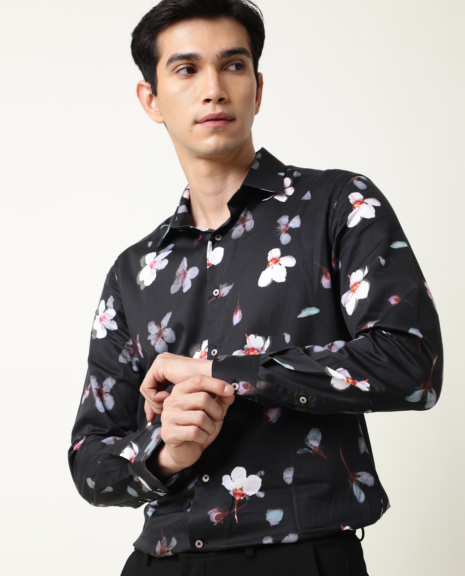 Rare Rabbit Men's Cuplets Black Cotton Fabric Full Sleeves Floral Printed Shirt