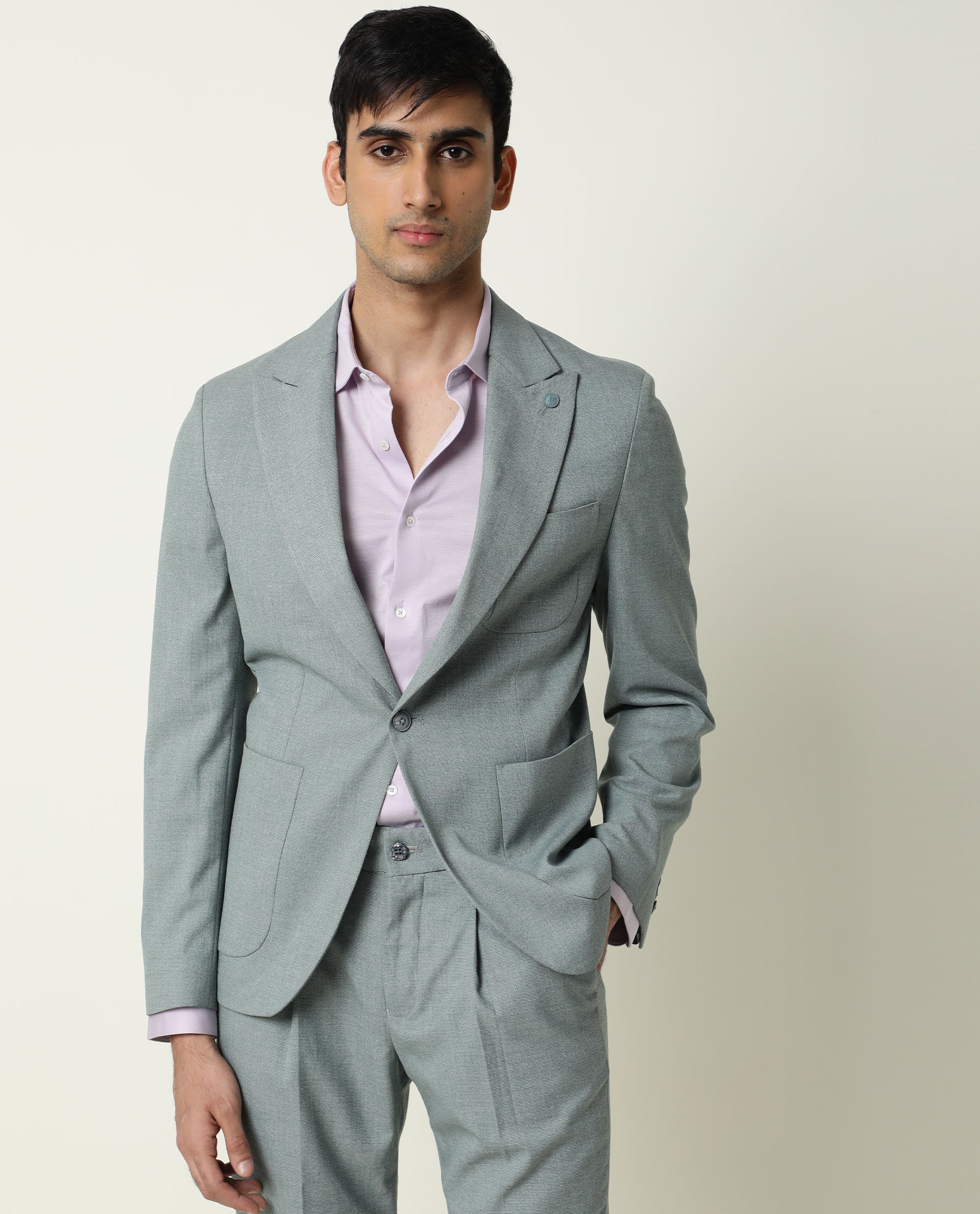 Rare Rabbit Men's Dexit Primary Green Polyester Viscose Fabric Peak Lapel Single Breasted Tailored Fit Textured Blazer