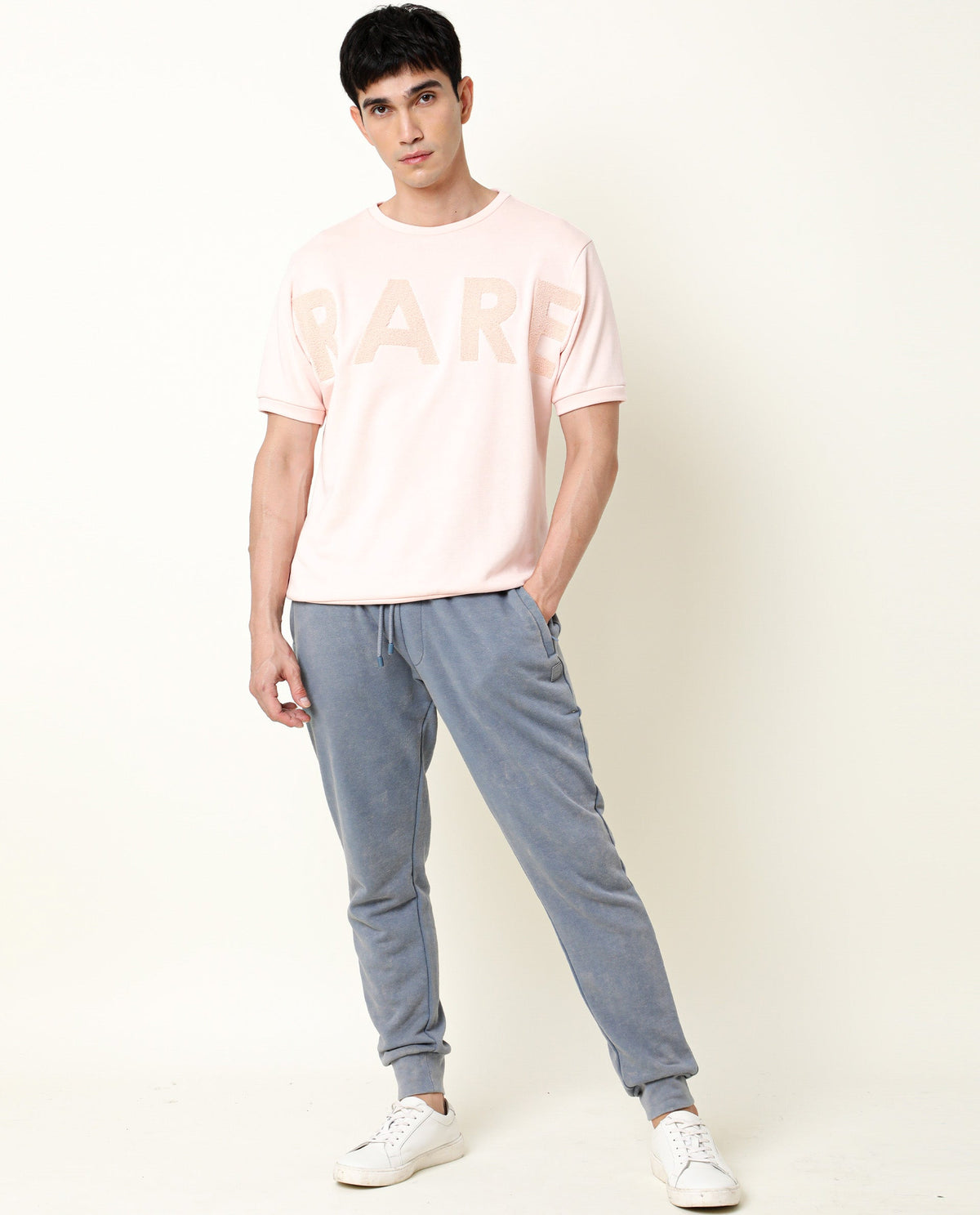 RARE RABBIT MEN'S NOR PEACH SWEATSHIRT COTTON POLYESTER FABRIC CREW NECK HALF SLEEVES SLIM FIT