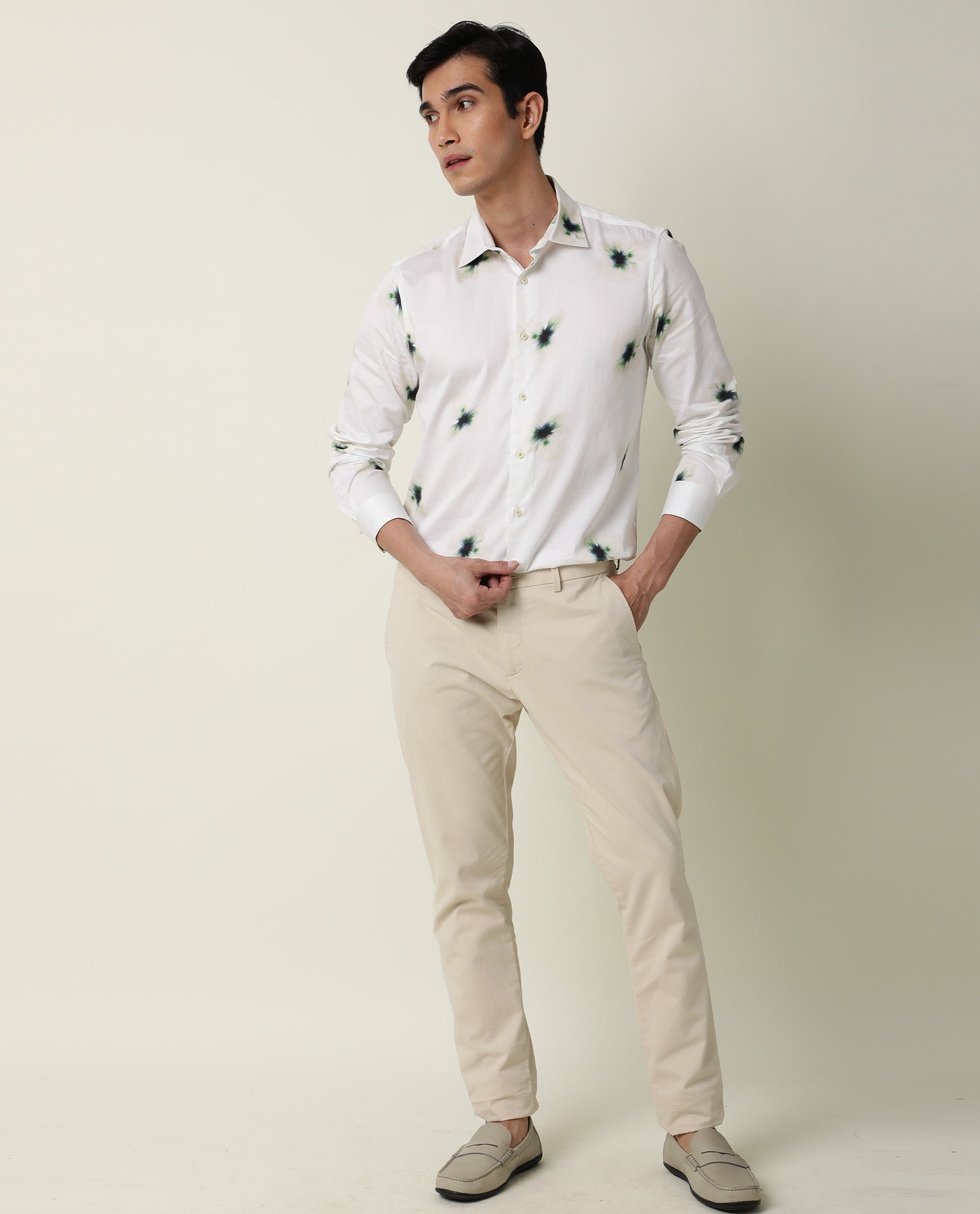 Rare Rabbit Men's Laccoss Off White Cotton Fabric Floral Print Full Sleeves Shirt