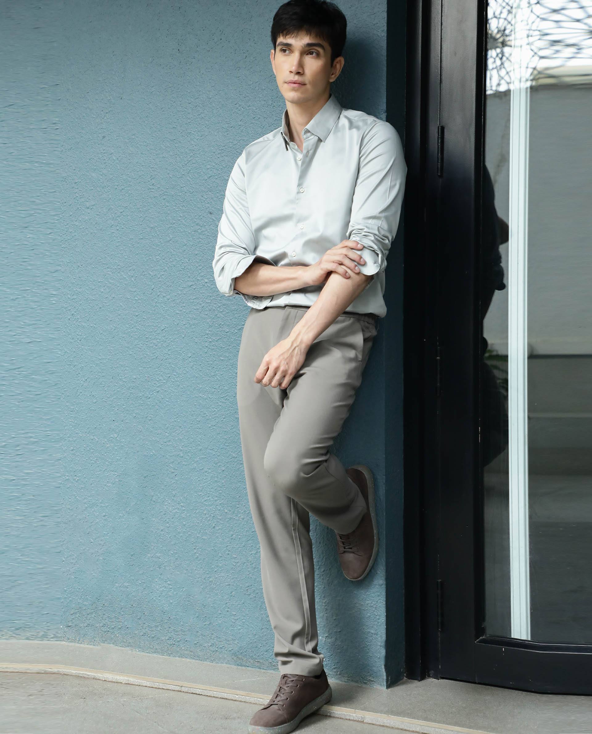 Rare Rabbit Men's Como Grey Satin Fabric Button Down Collar Full Sleeves Solid Formal Shirt