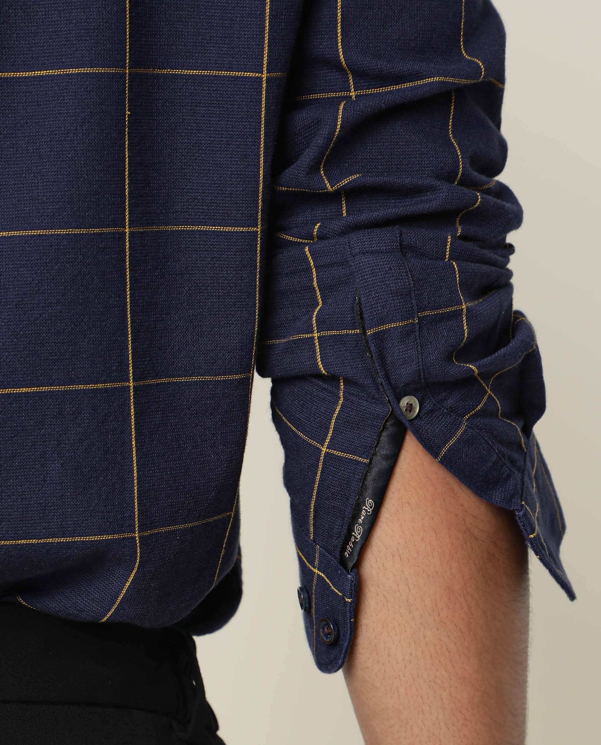 Rare Rabbit Men's Corneto Navy Cotton Fabric Full Sleeves Checks Shirt