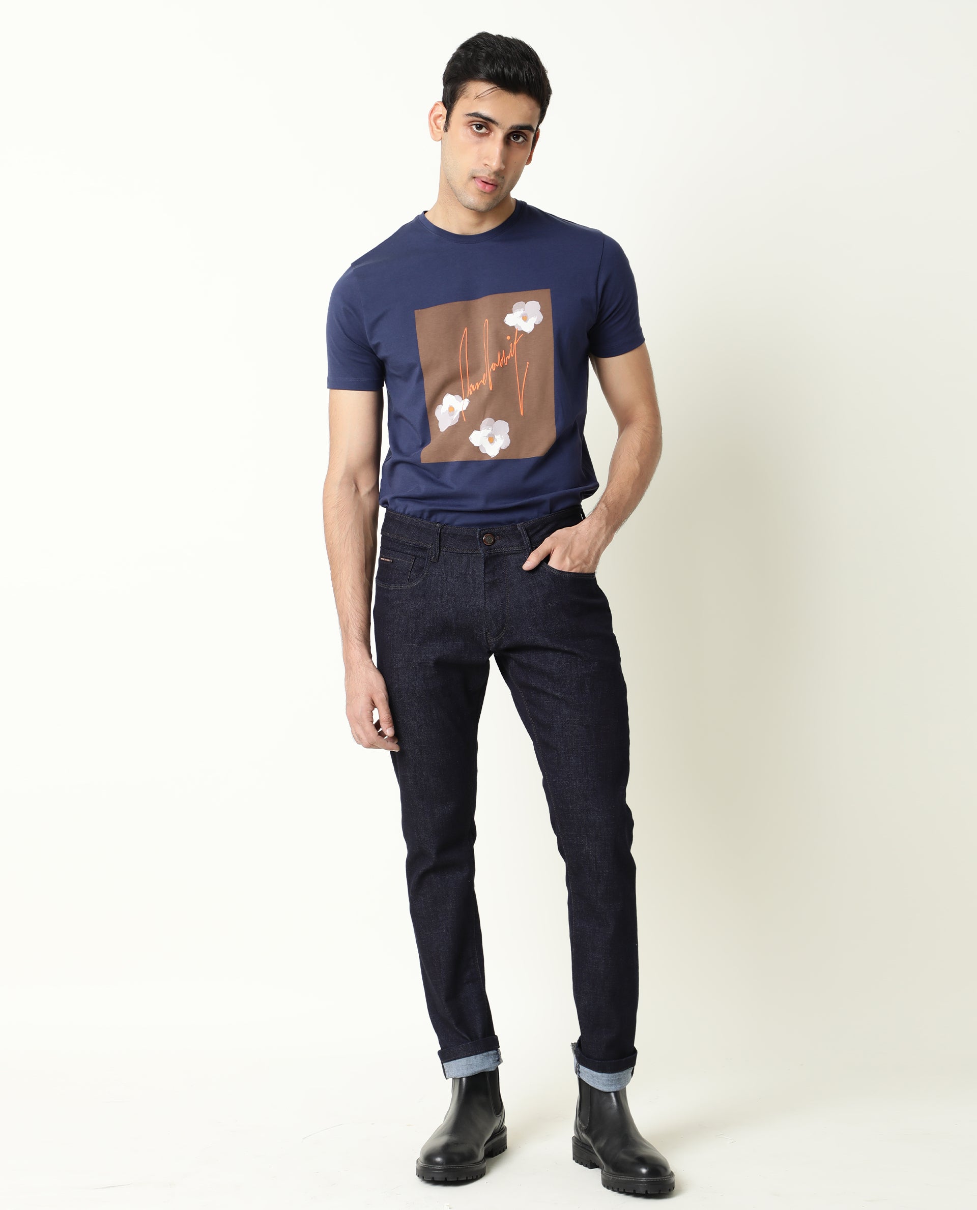 Rare Rabbit Men's Tule Navy Cotton Fabric Crew Neck Half Sleeves Regular Fit Floral Graphic Printed T-Shirt