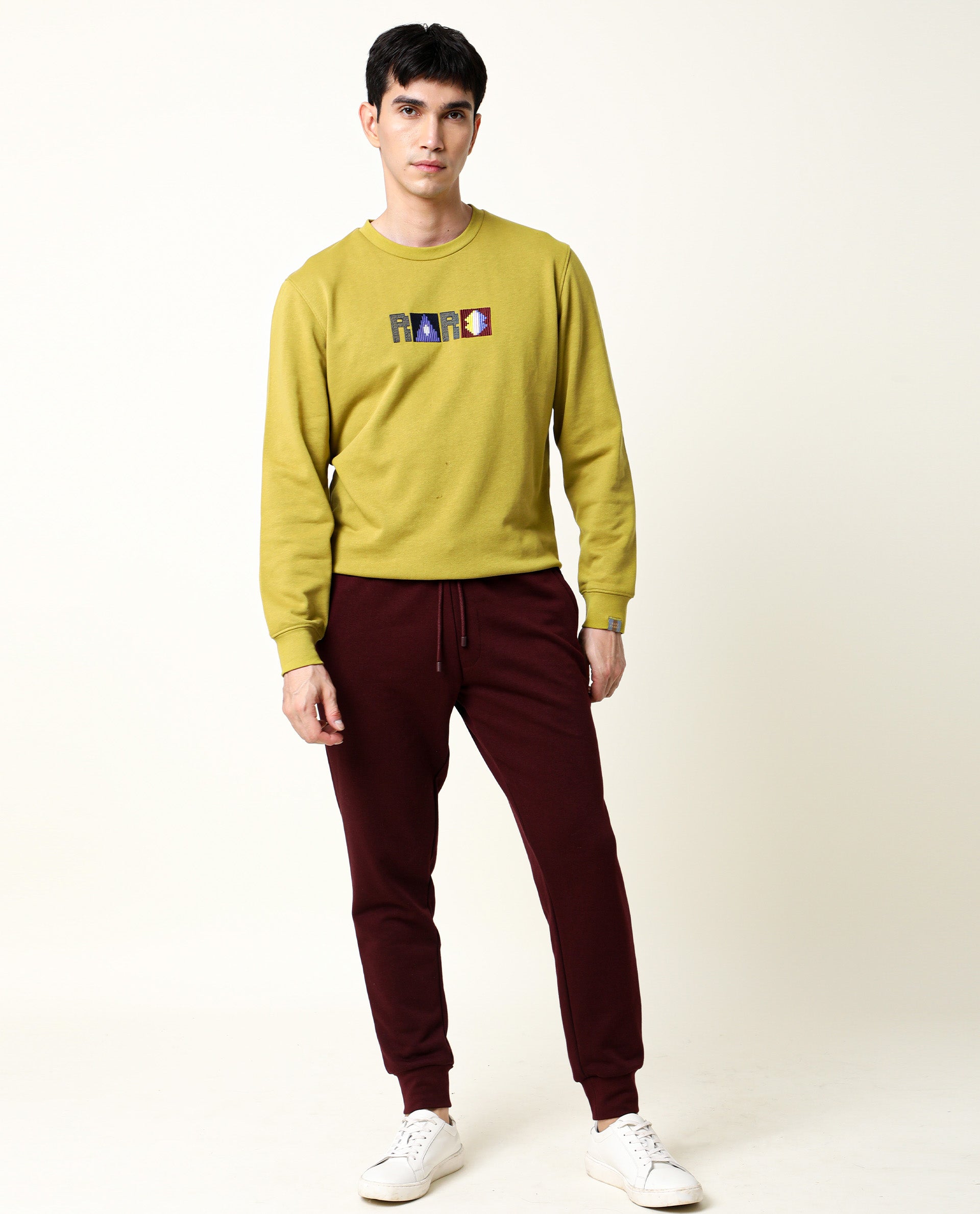 Rare Rabbit Men's Martis Olive Cotton Polyester Fabric Full Sleeves Graphic Embroidery Print Sweatshirt