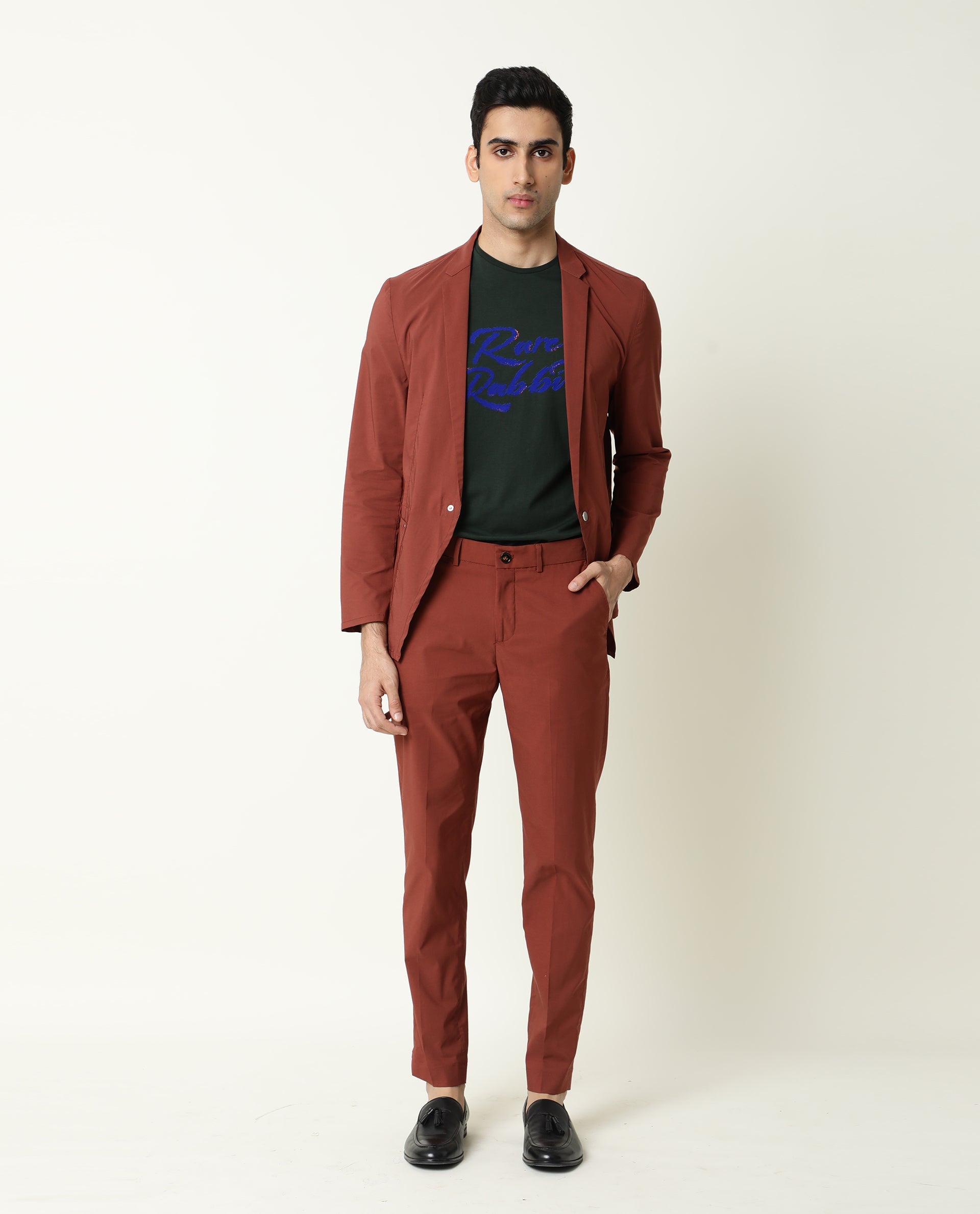 Rare Rabbit Men's Glak Dark Rust Viscose Polyester Fabric Button & Zip Closure Slim Fit Trouser