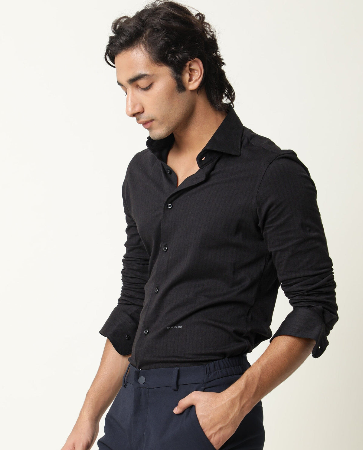 RARE RABBIT MEN'S VERTICAL BLACK SHIRT COTTON FABRIC COLLARED NECK FULL SLEEVES BUTTON CLOSURE SLIM FIT