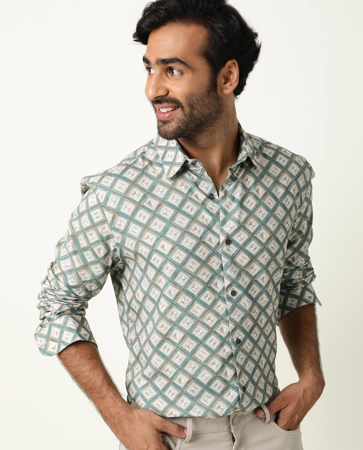 RARE RABBIT MEN'S COMPTER GREEN SHIRT VISCOSE FABRIC COLLARED NECK FULL SLEEVES BUTTON CLOSURE SLIM FIT