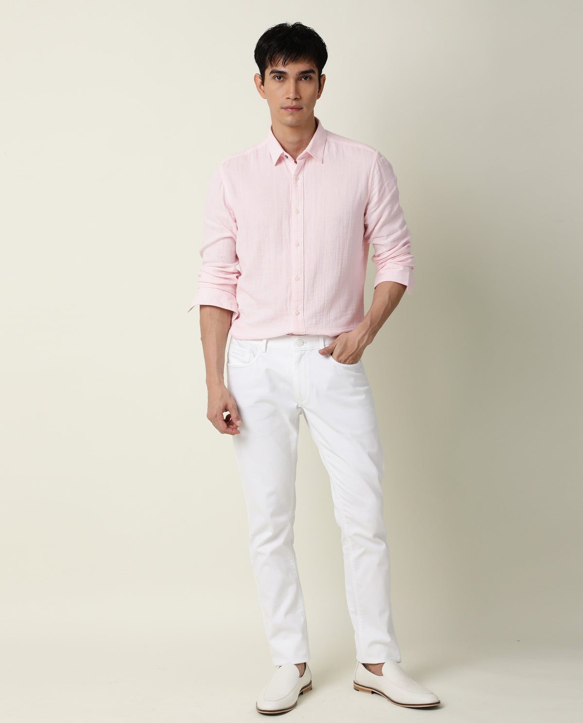 Rare Rabbit Men's Layers Light Pink Cotton Double Layer Seer Sucker Fabric Full Sleeves Solid Shirt