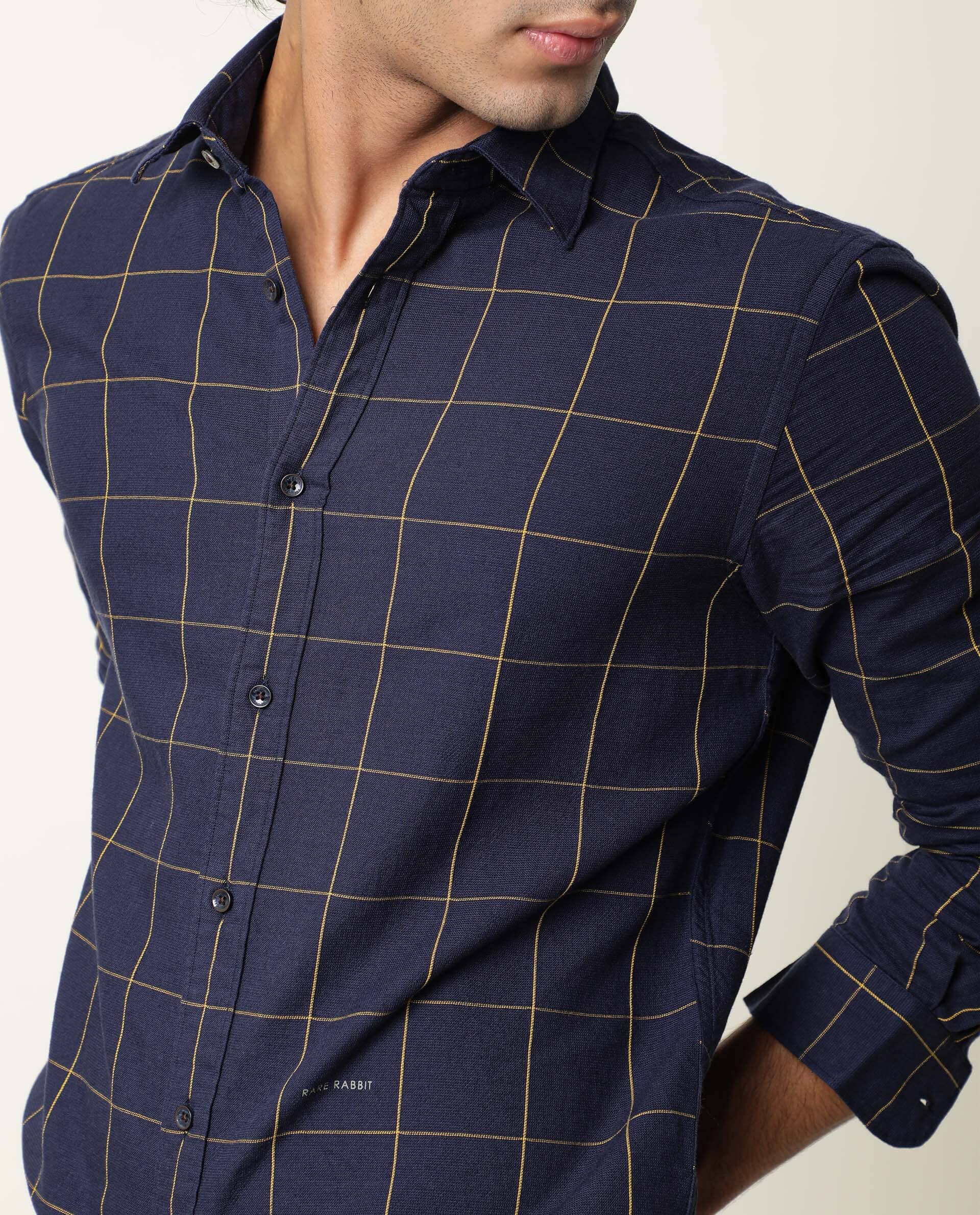 Rare Rabbit Men's Corneto Navy Cotton Fabric Full Sleeves Checks Shirt