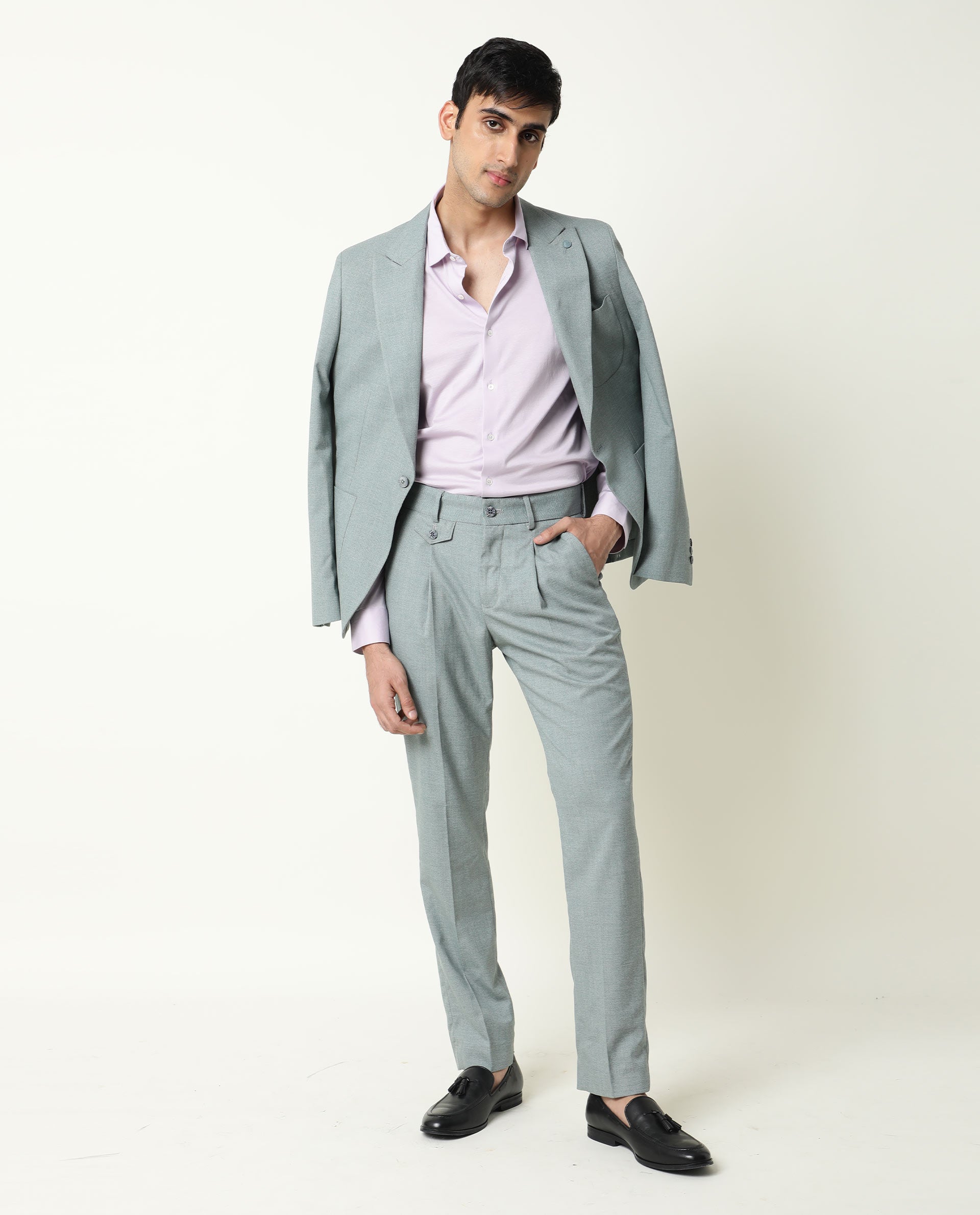 Rare Rabbit Men's Dexit Primary Green Polyester Viscose Fabric Peak Lapel Single Breasted Tailored Fit Textured Blazer