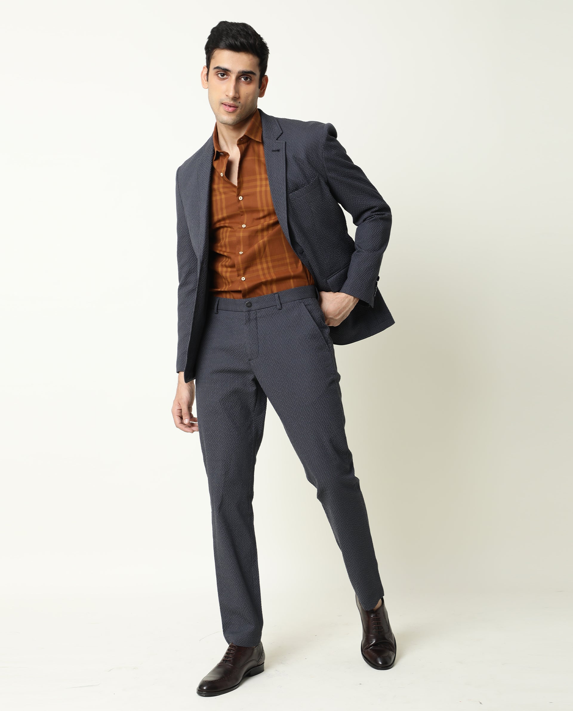 Rare Rabbit Men's Albion Navy Mid-Rise Regular Fit Classic Check Trouser