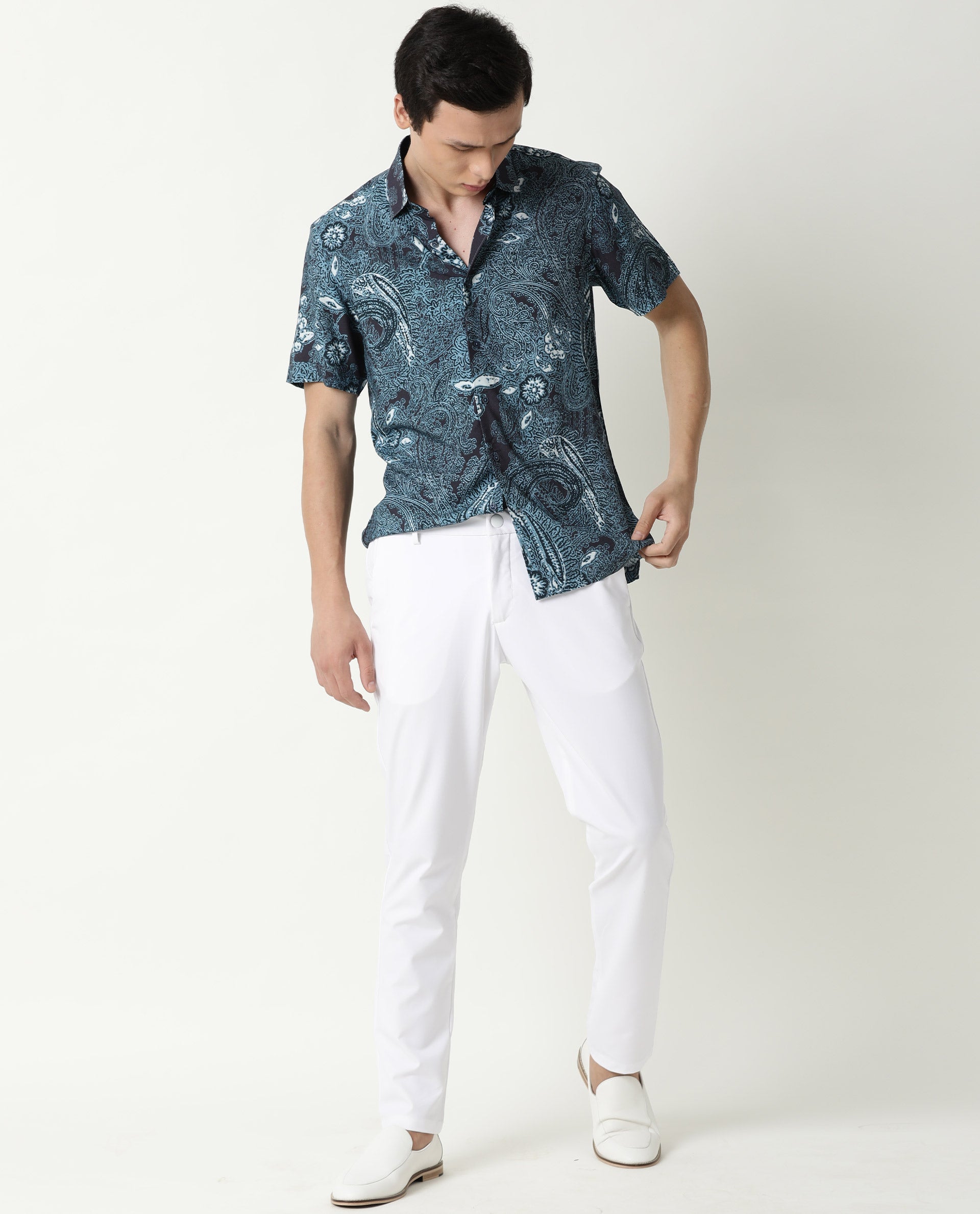 RARE RABBIT MENS LAWRN SS BLUE SHIRT COTTON VISCOSE FABRIC SLIM FIT COLLAR COLLAR Short Sleeve