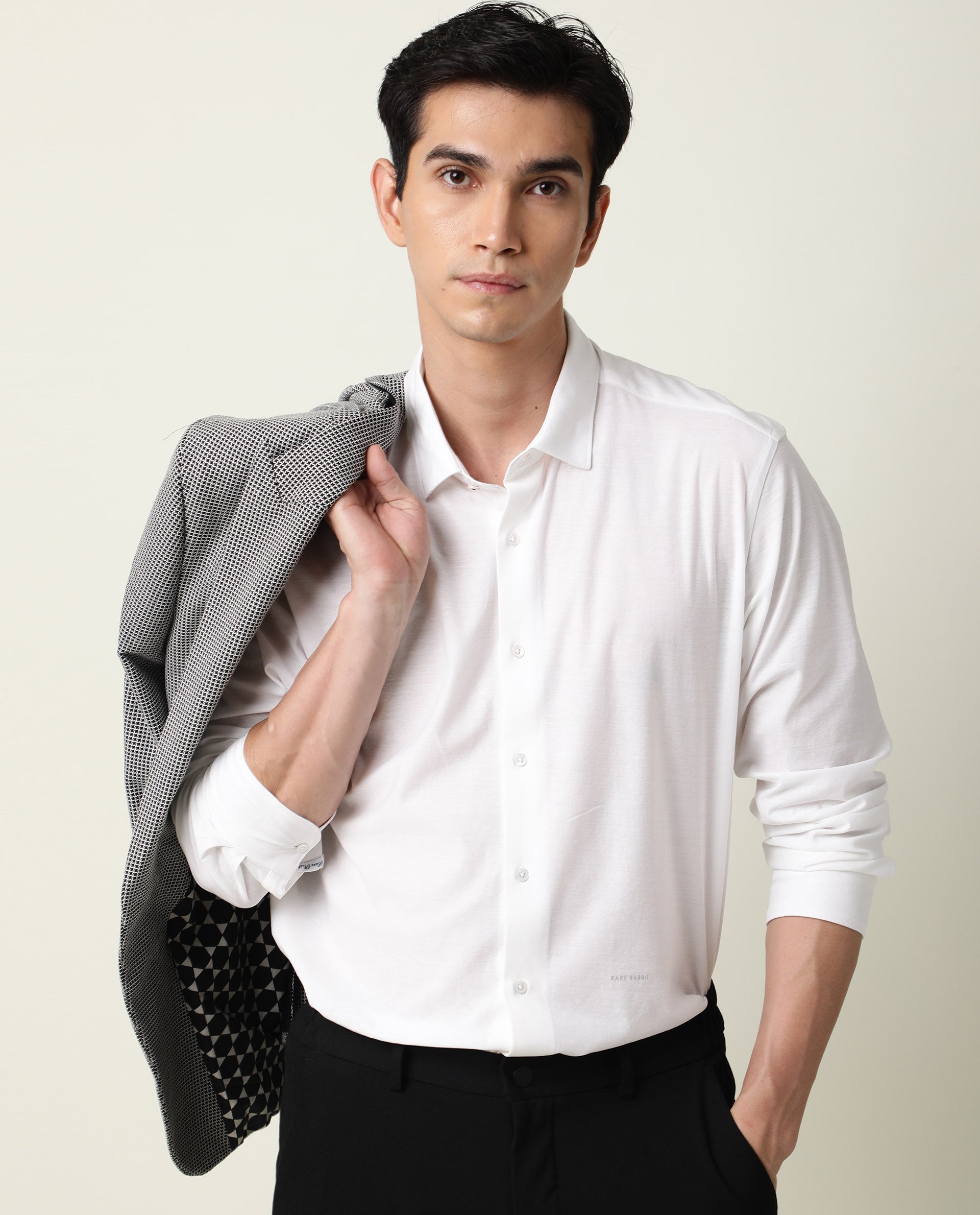 Rare Rabbit Men's Villas White Cotton Fabric Full Sleeves Solid Shirt