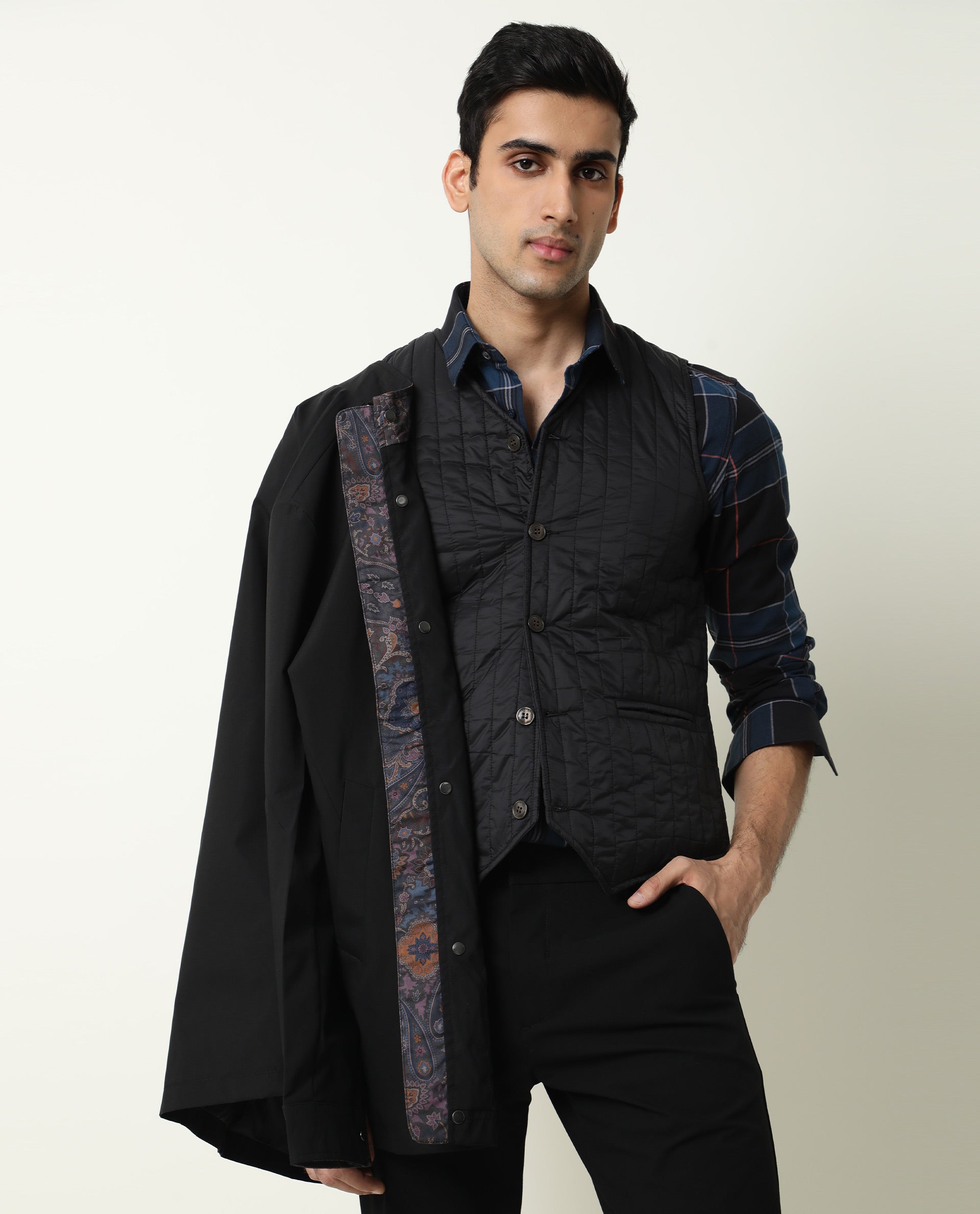 Rare Rabbit Men's Berry Black Plain High Neck Mandarin Collar Jacket