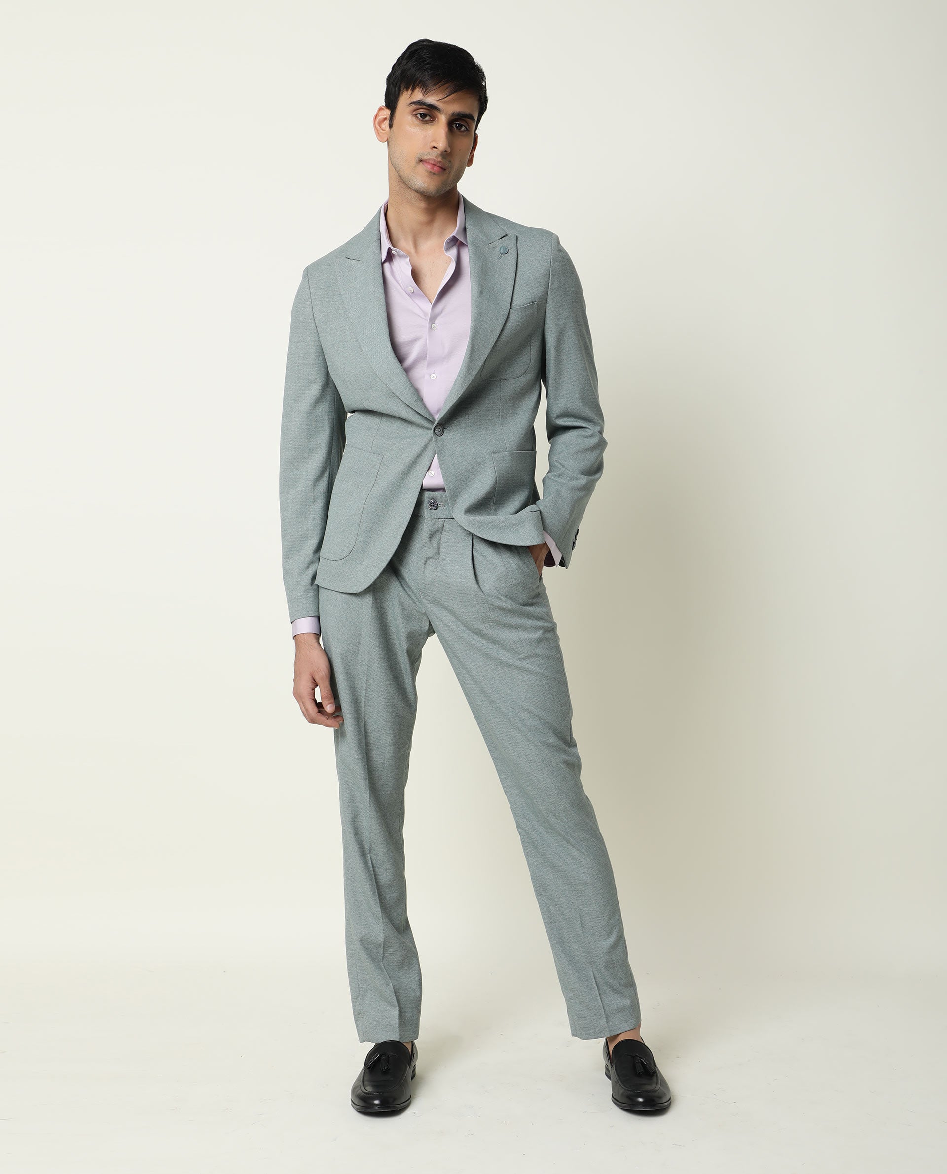 Rare Rabbit Men's Dexit Primary Green Polyester Viscose Fabric Peak Lapel Single Breasted Tailored Fit Textured Blazer