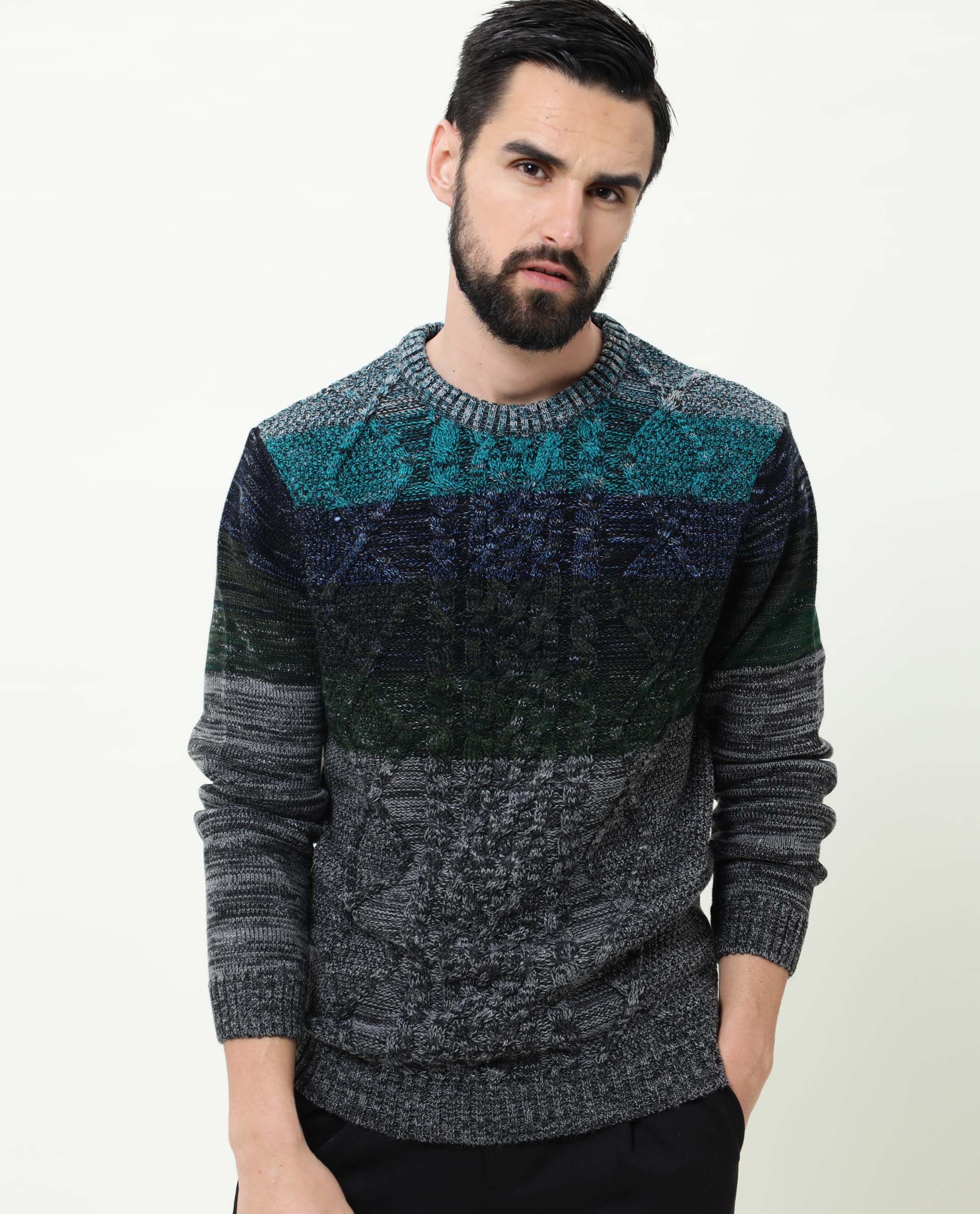 Rare Rabbit Men'S Grindle Green Pullover Acrylic Fabric Round Neck Full Sleeves Slim Fit