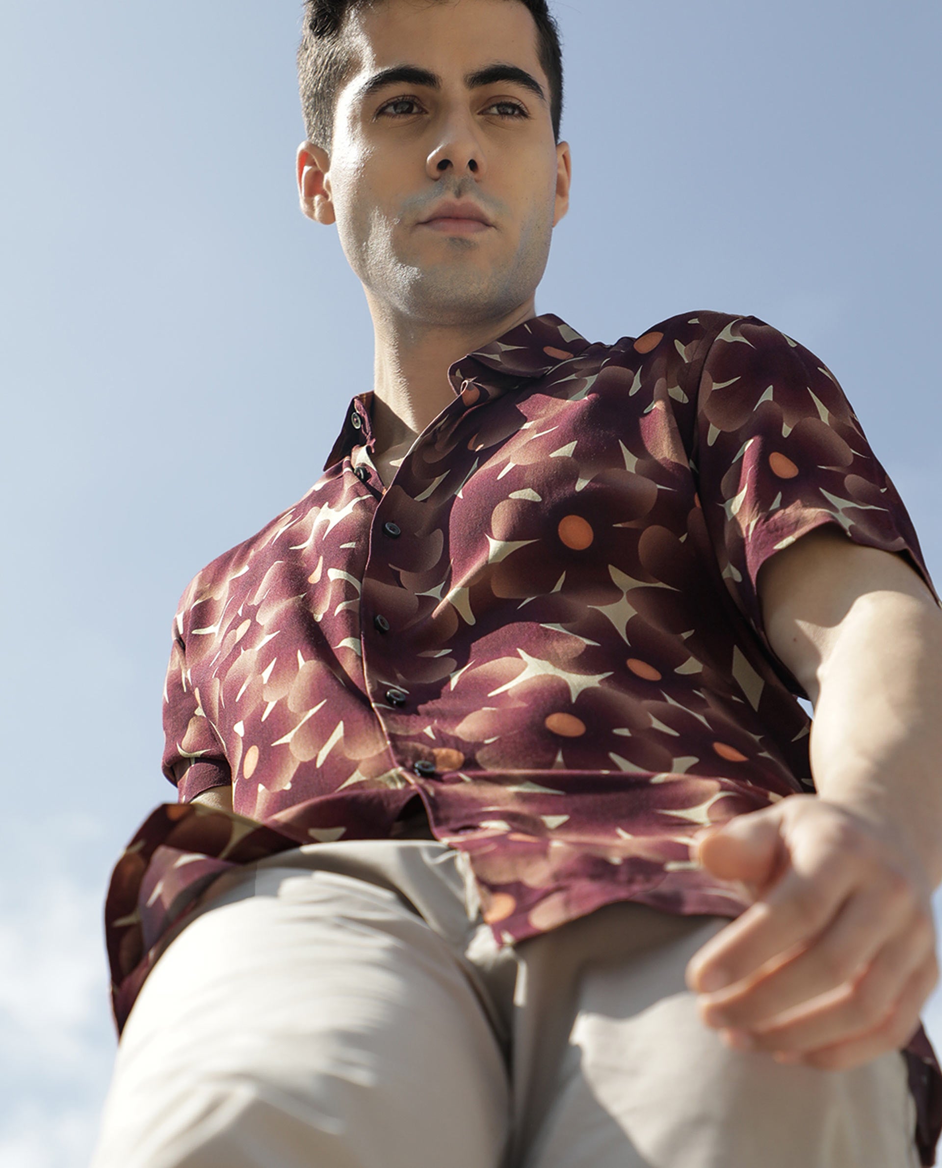 Rare Rabbit Men's Parles Brown Viscose Fabric Floral Print Half Sleeves Shirt