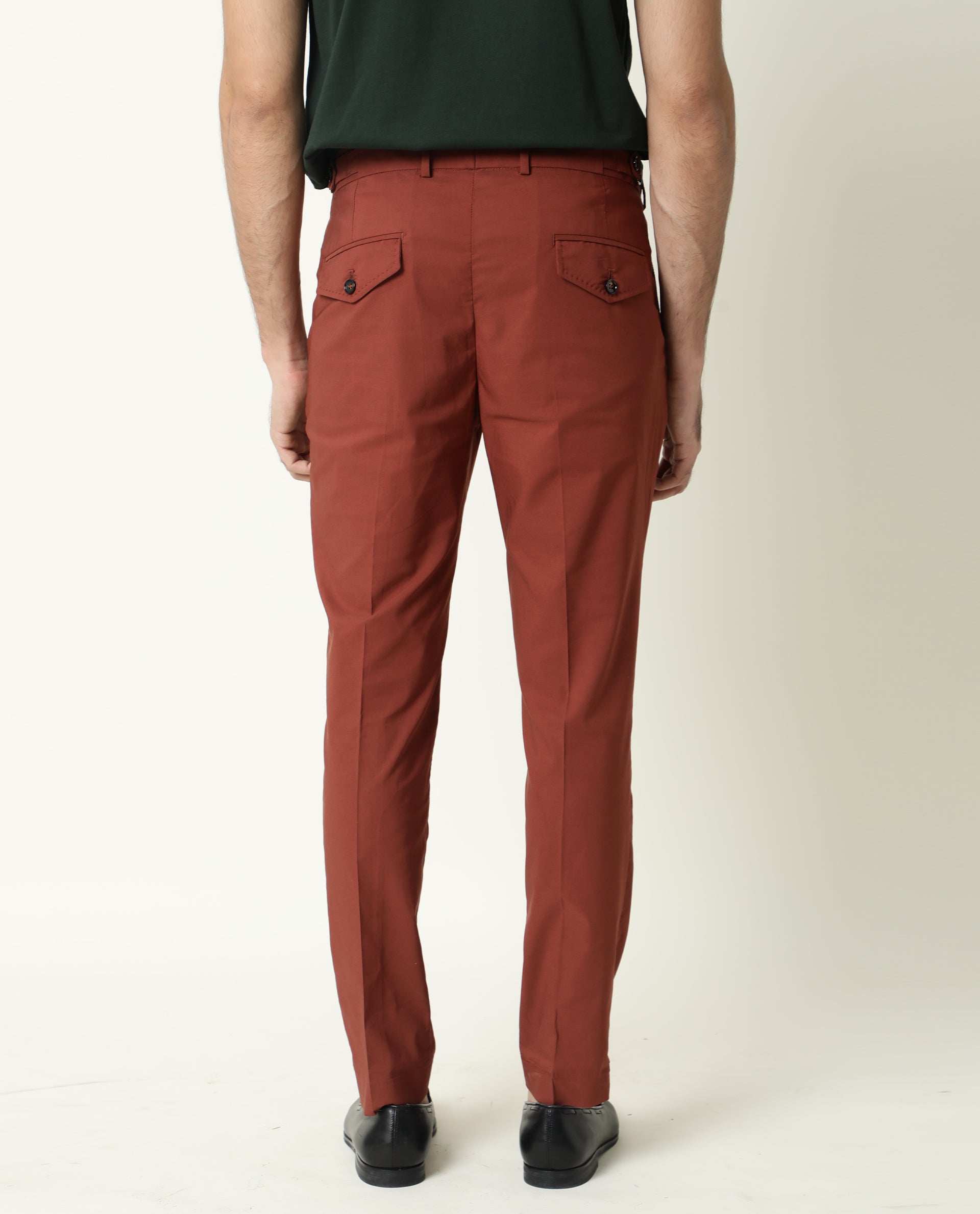 Rare Rabbit Men's Glak Dark Rust Viscose Polyester Fabric Button & Zip Closure Slim Fit Trouser