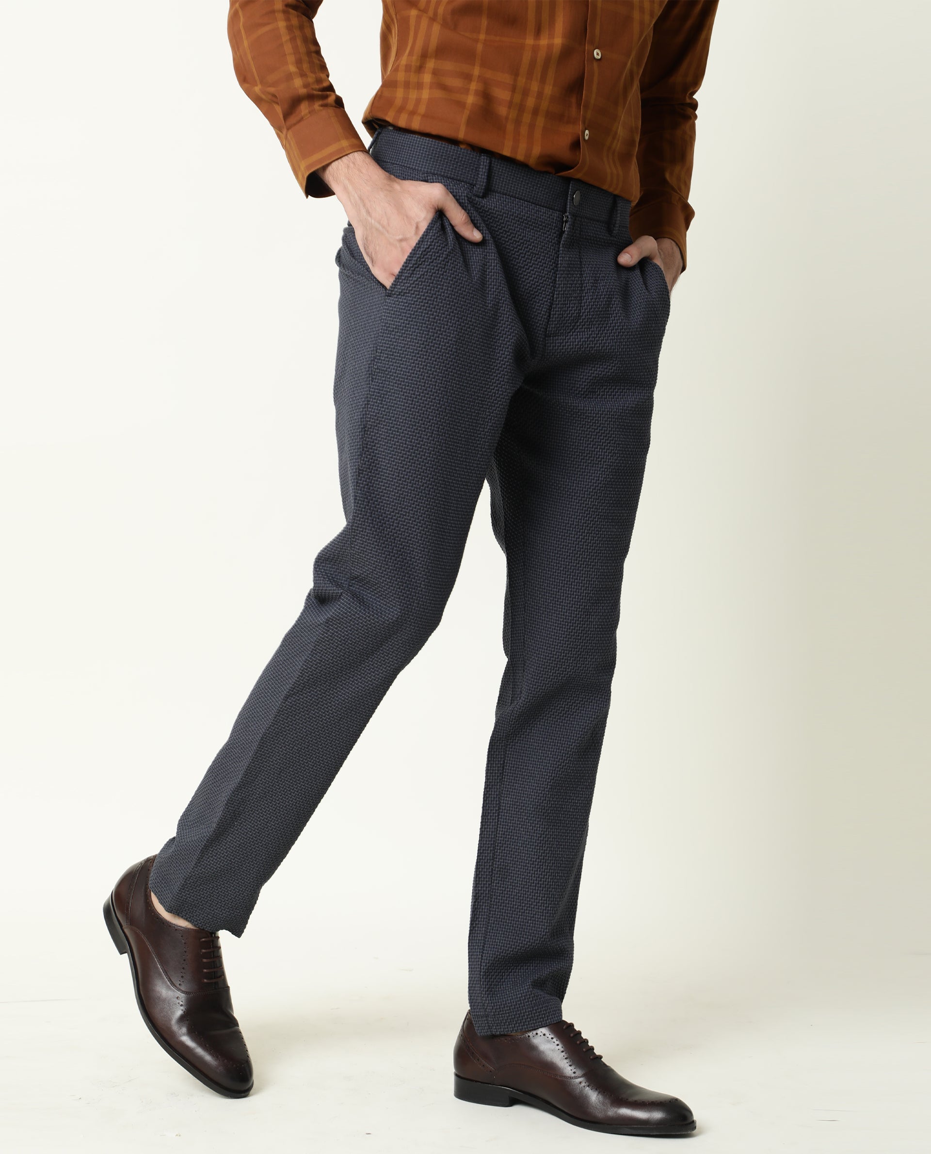 Rare Rabbit Men's Albion Navy Mid-Rise Regular Fit Classic Check Trouser