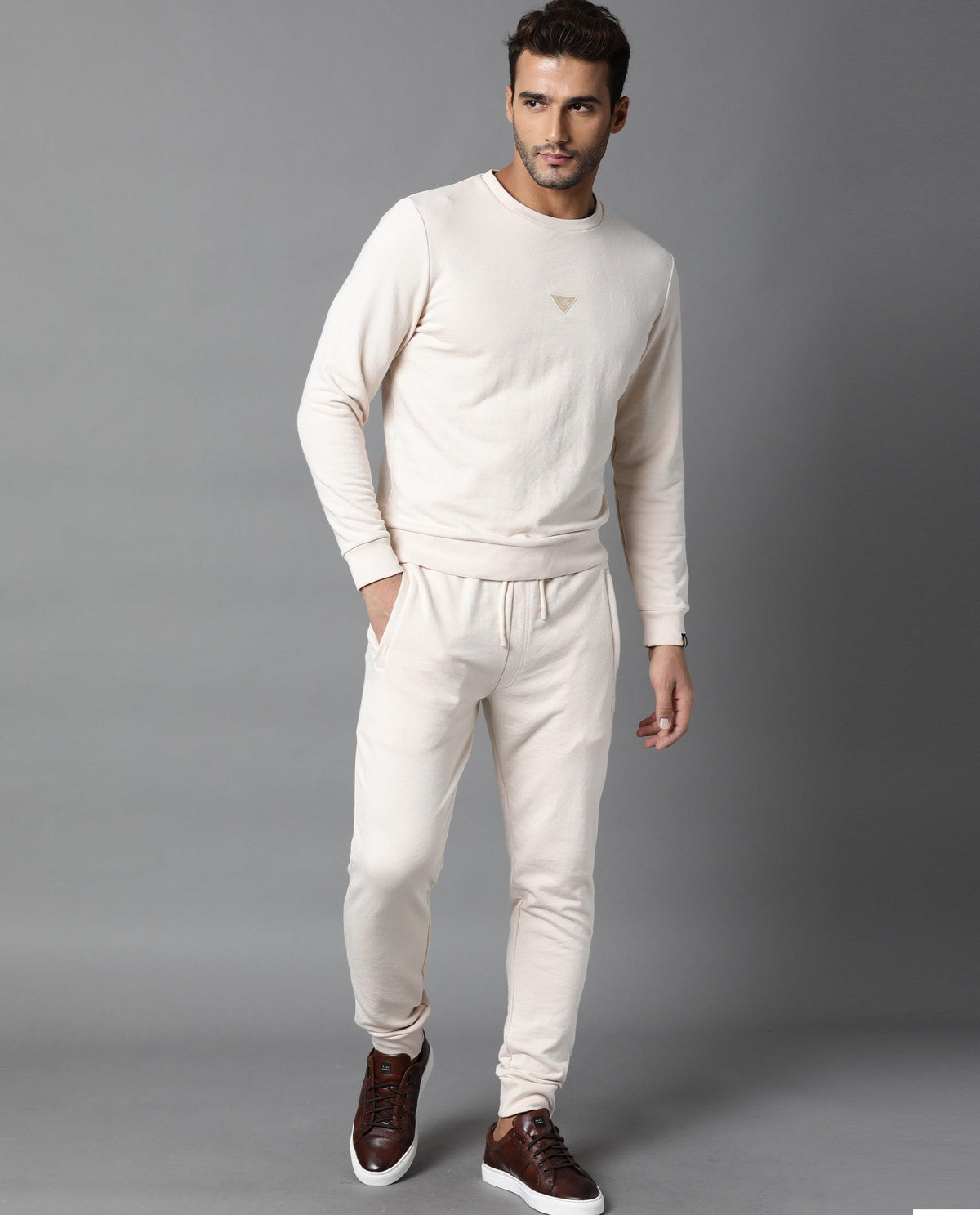 RARE RABBIT MEN'S ARVON BEIGE TRACK PANT COTTON POLY FABRIC SOLID SLIM FIT MID RISE