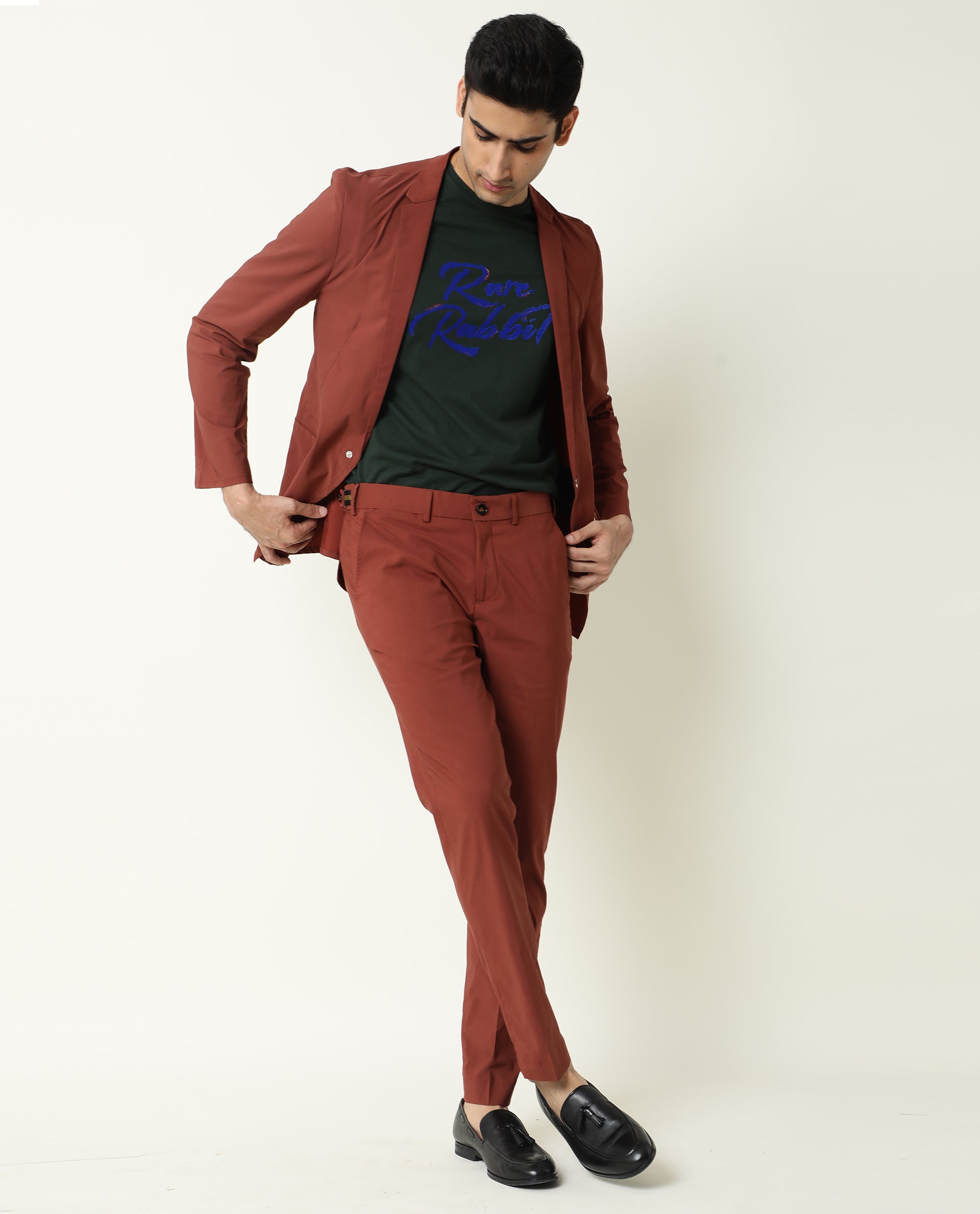 Rare Rabbit Men's Glak Dark Rust Viscose Polyester Fabric Button & Zip Closure Slim Fit Trouser