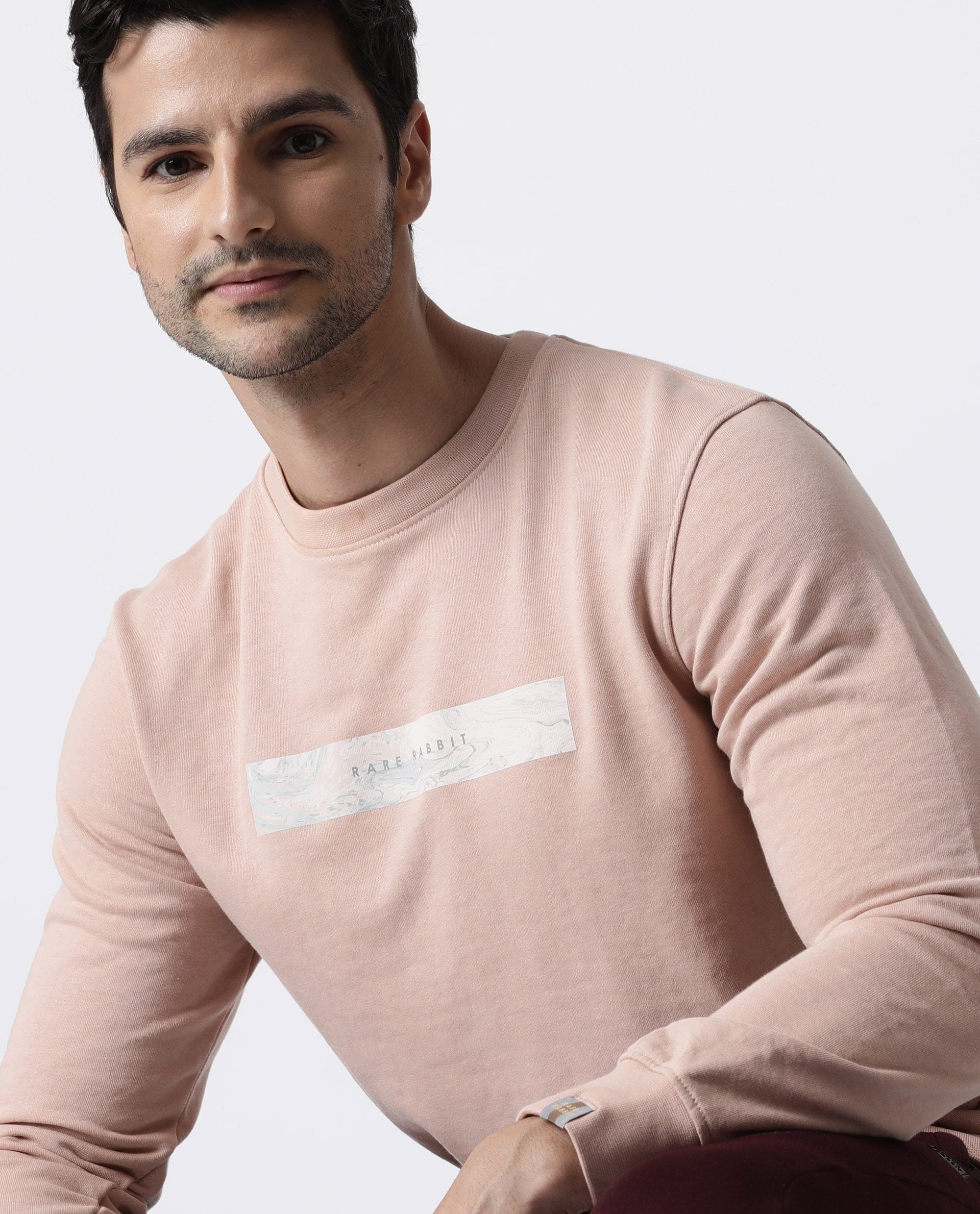 RARE RABBIT MARS LIGHT PEACH SWEATSHIRT COTTON POLY FABRIC FULL SLEEVE CREW NECK SLIM FIT