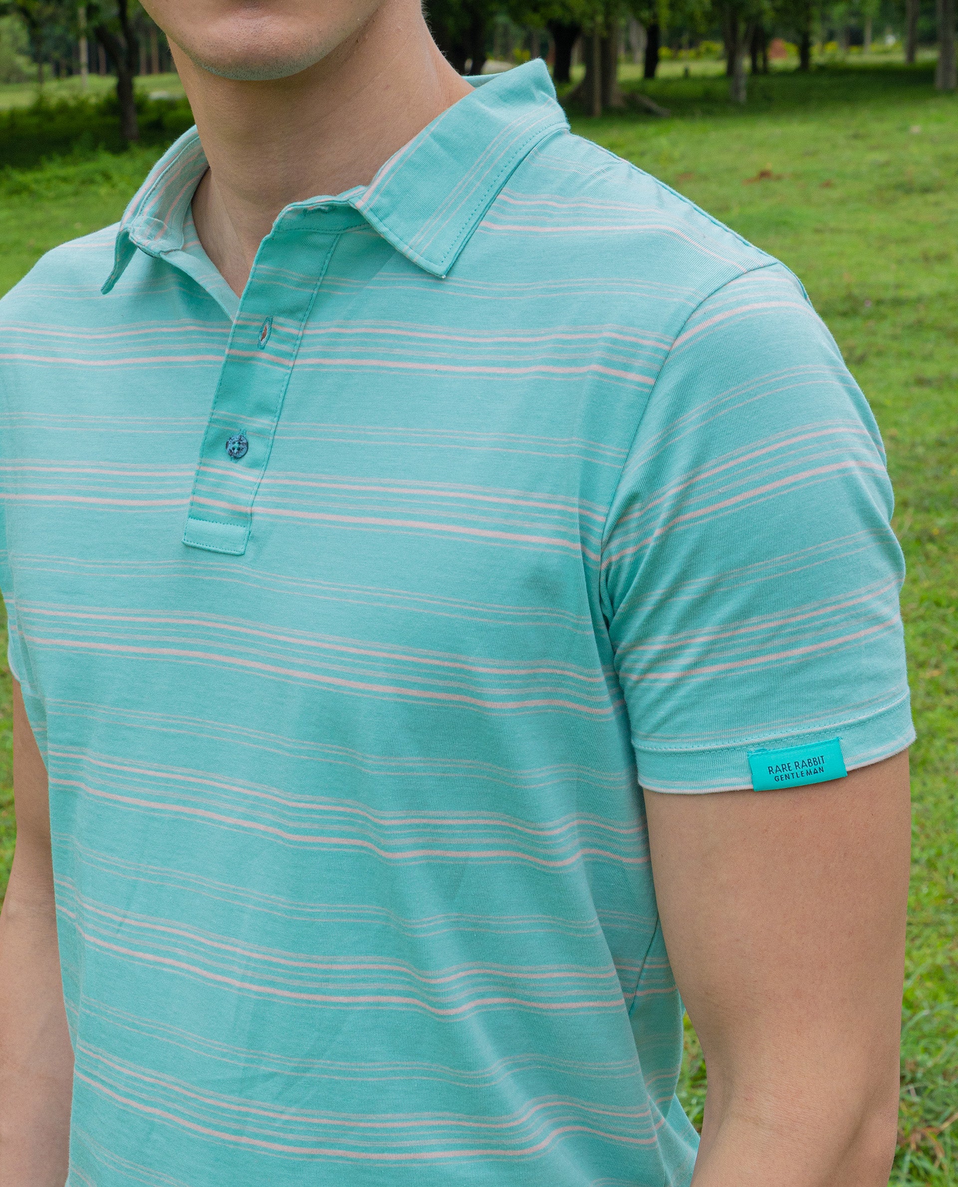 RARE RABBIT NEON LIGHT TURQ POLO COTTON FABRIC SHORT SLEEVE POLO COLLAR SLIM FIT